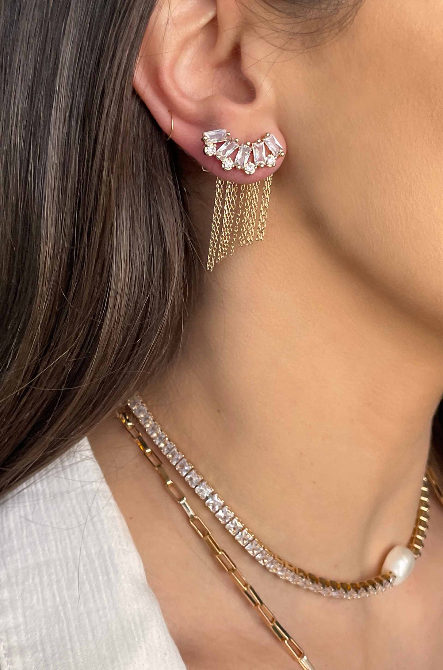 Baguette Crystal Three-In-One 18k Gold Plated Ear Crawlers on a model