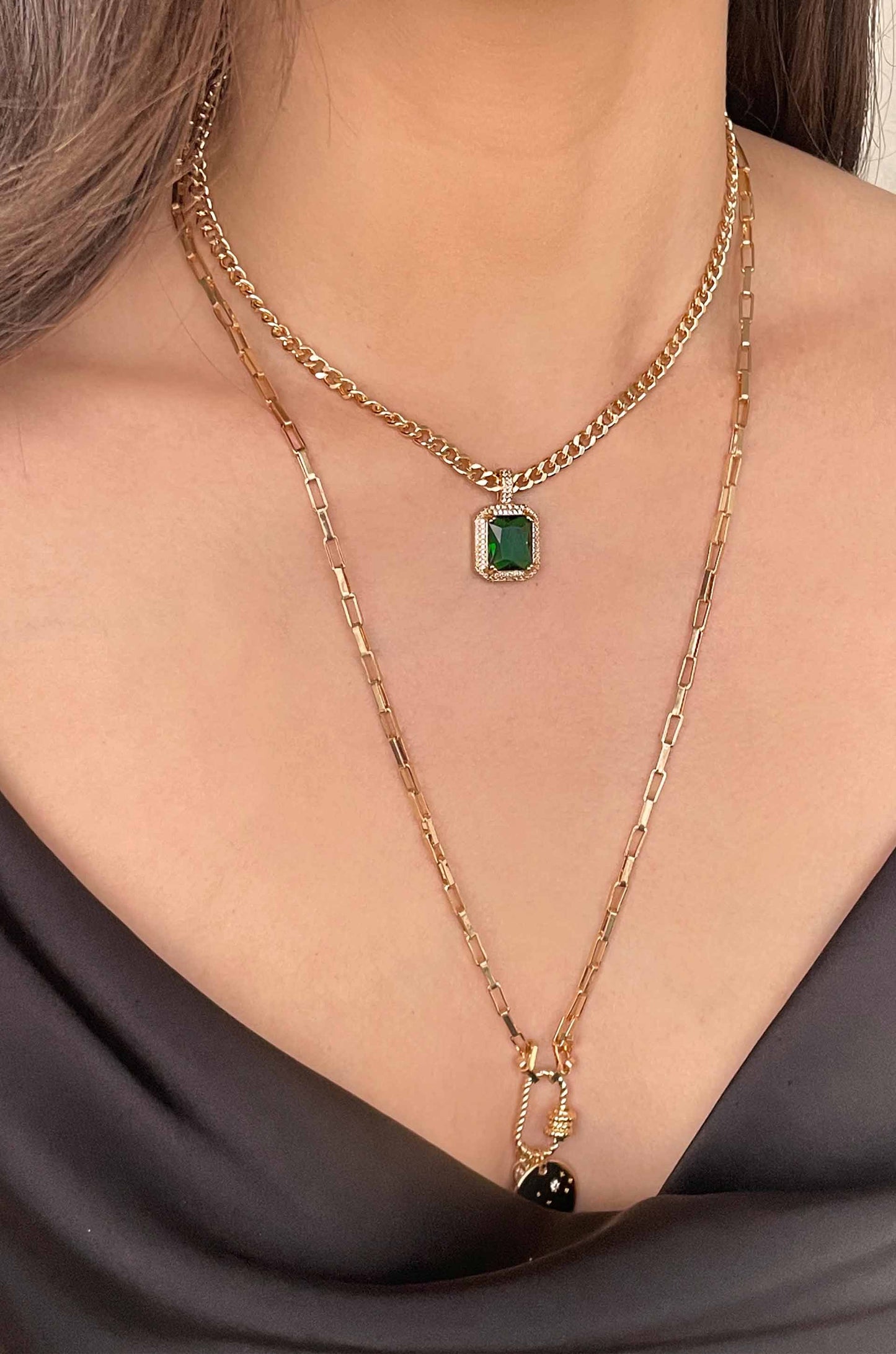 Emerald Stone Pendant 18k Gold Plated Link Necklace on a model