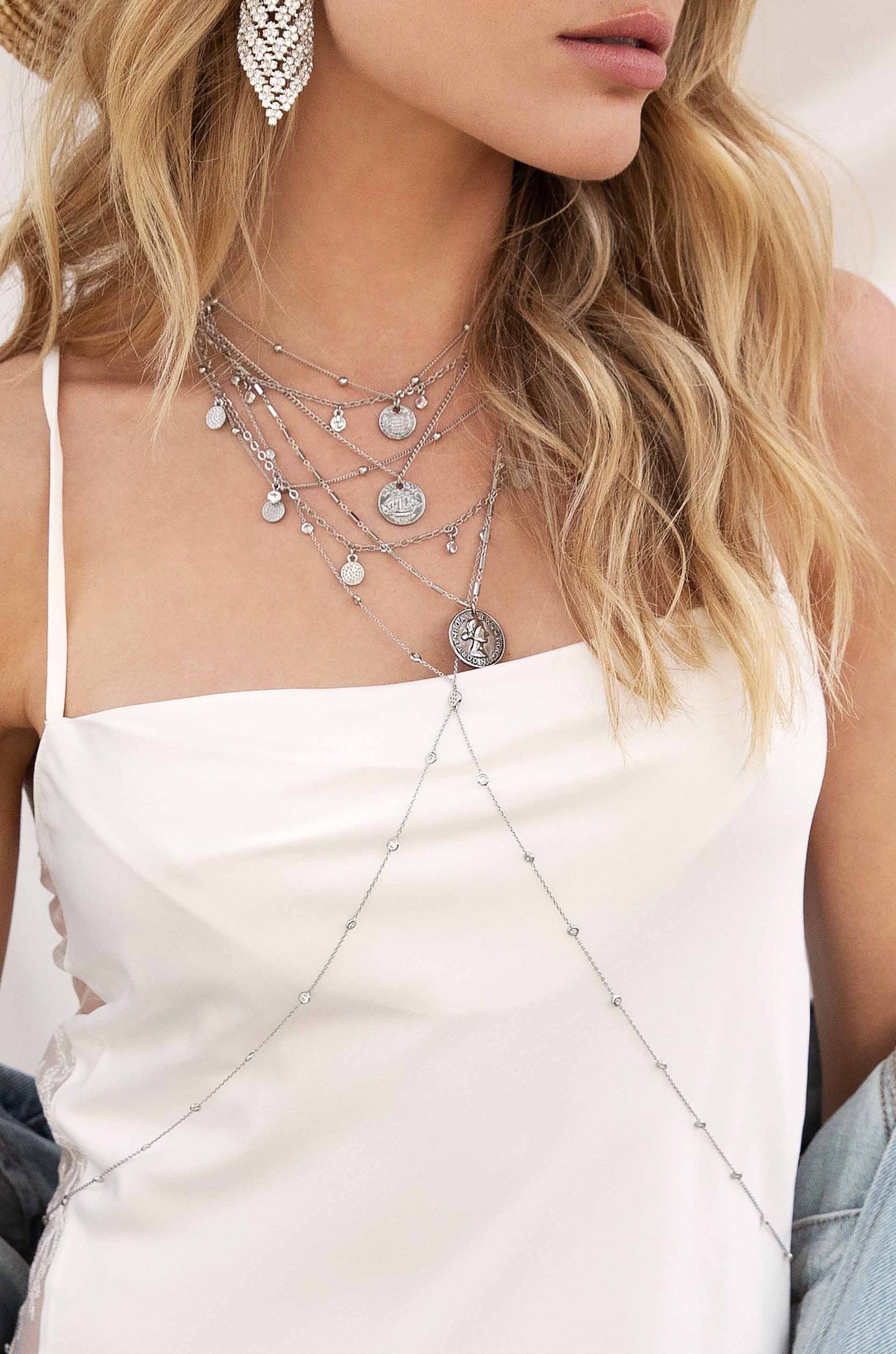 Simple Crystal X Body Chain in rhodium on model