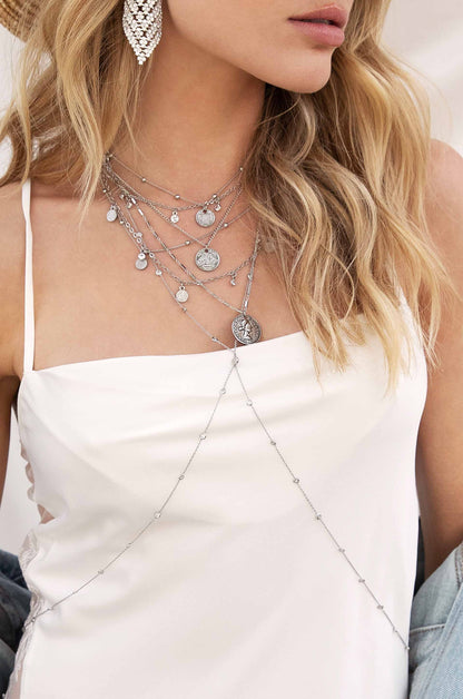 Simple Crystal X Body Chain in rhodium on model
