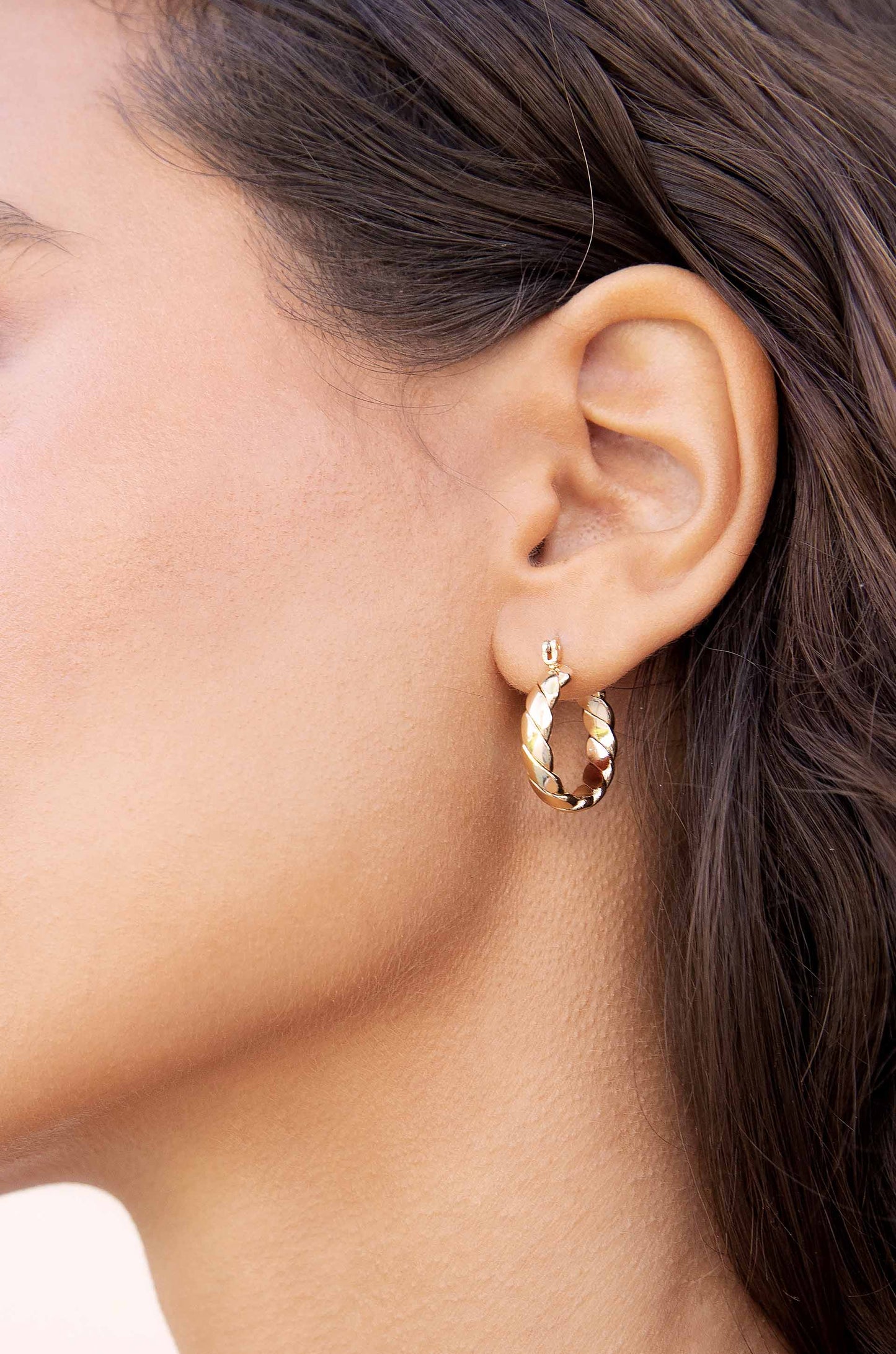Textured 18k Gold Plated Mini Hoops on model