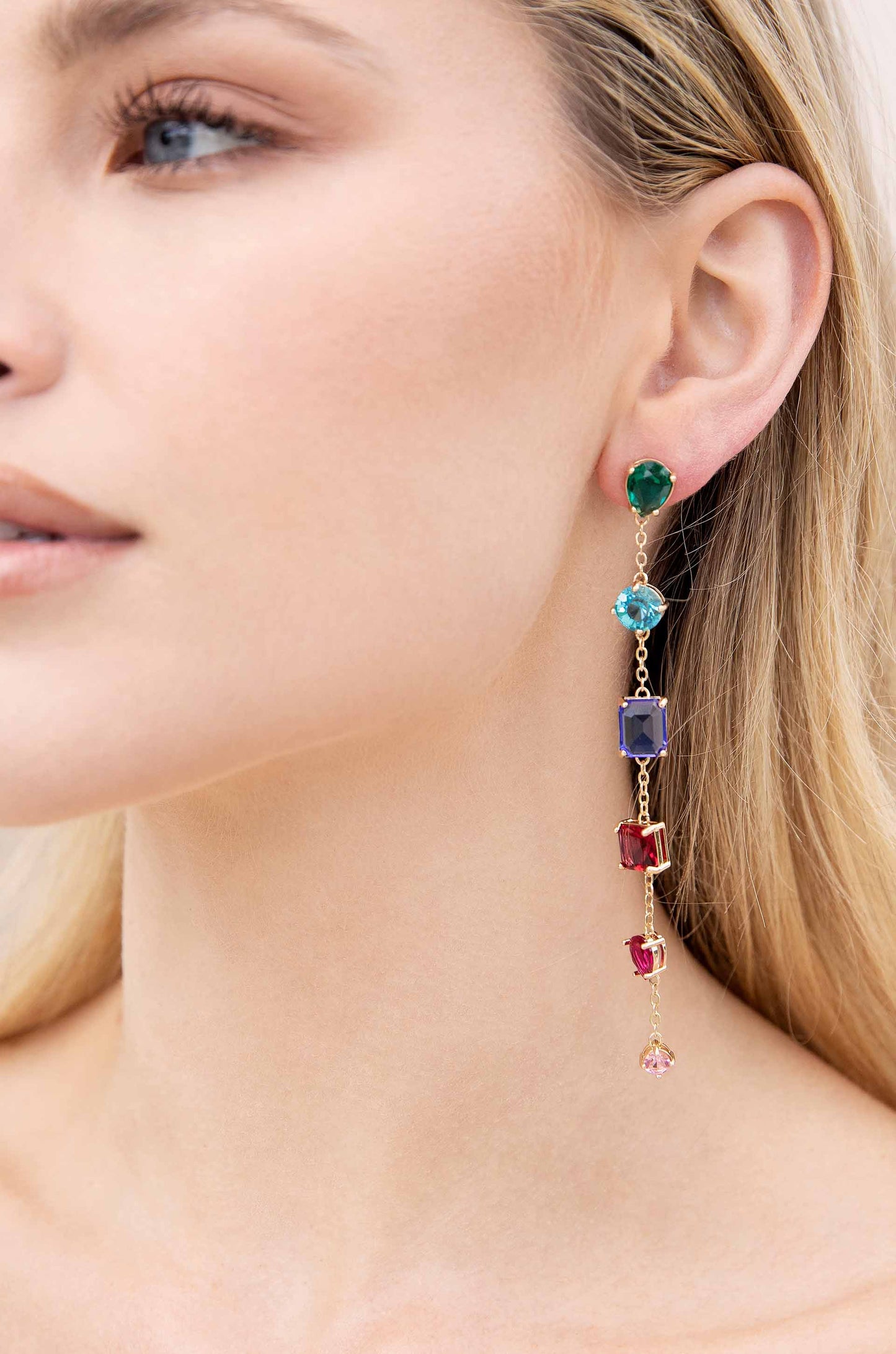 Rainbow Crystal Candy 18k Gold Plated Drop Earrings on model