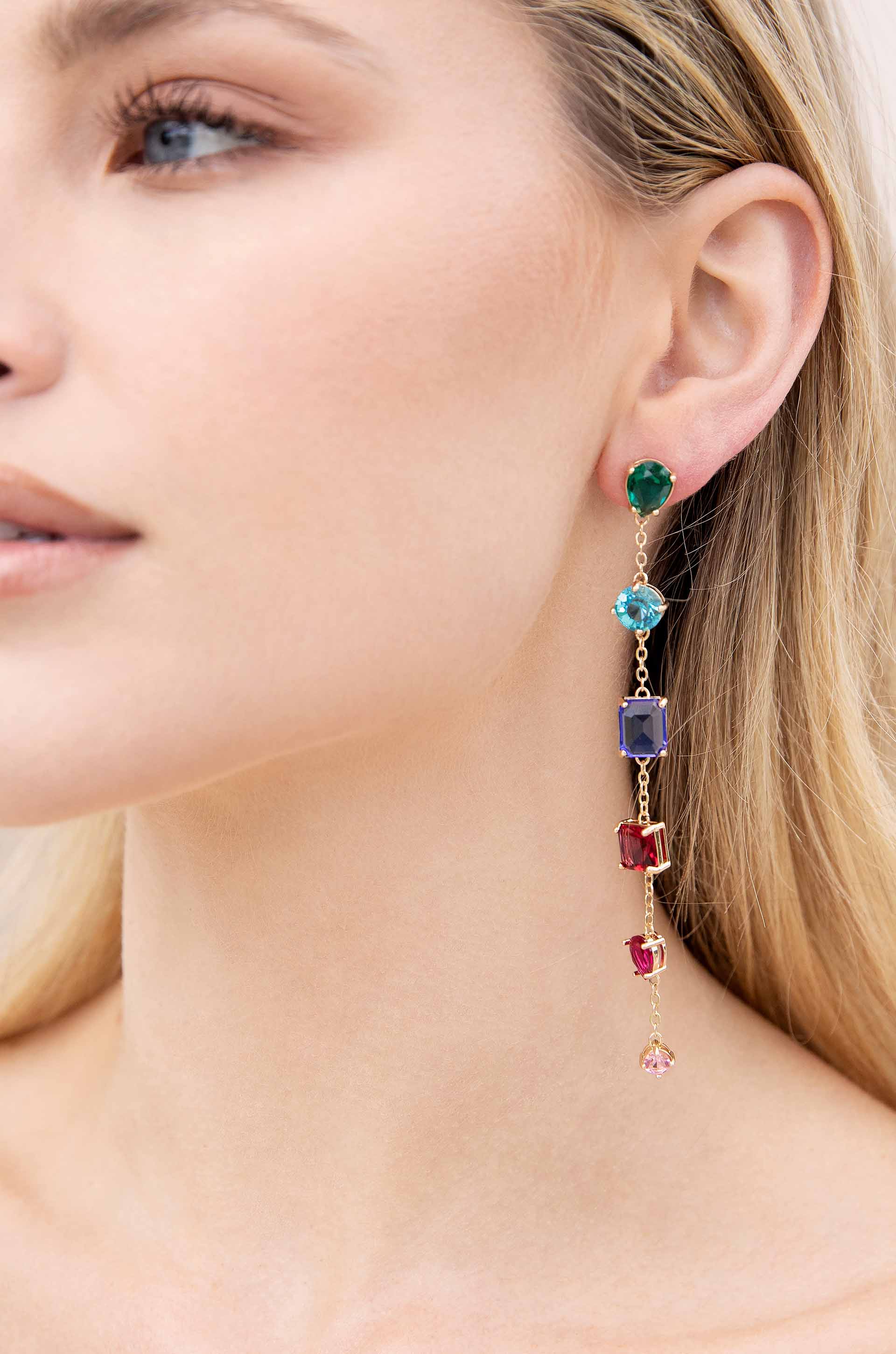 Rainbow Crystal Candy 18k Gold Plated Drop Earrings on model