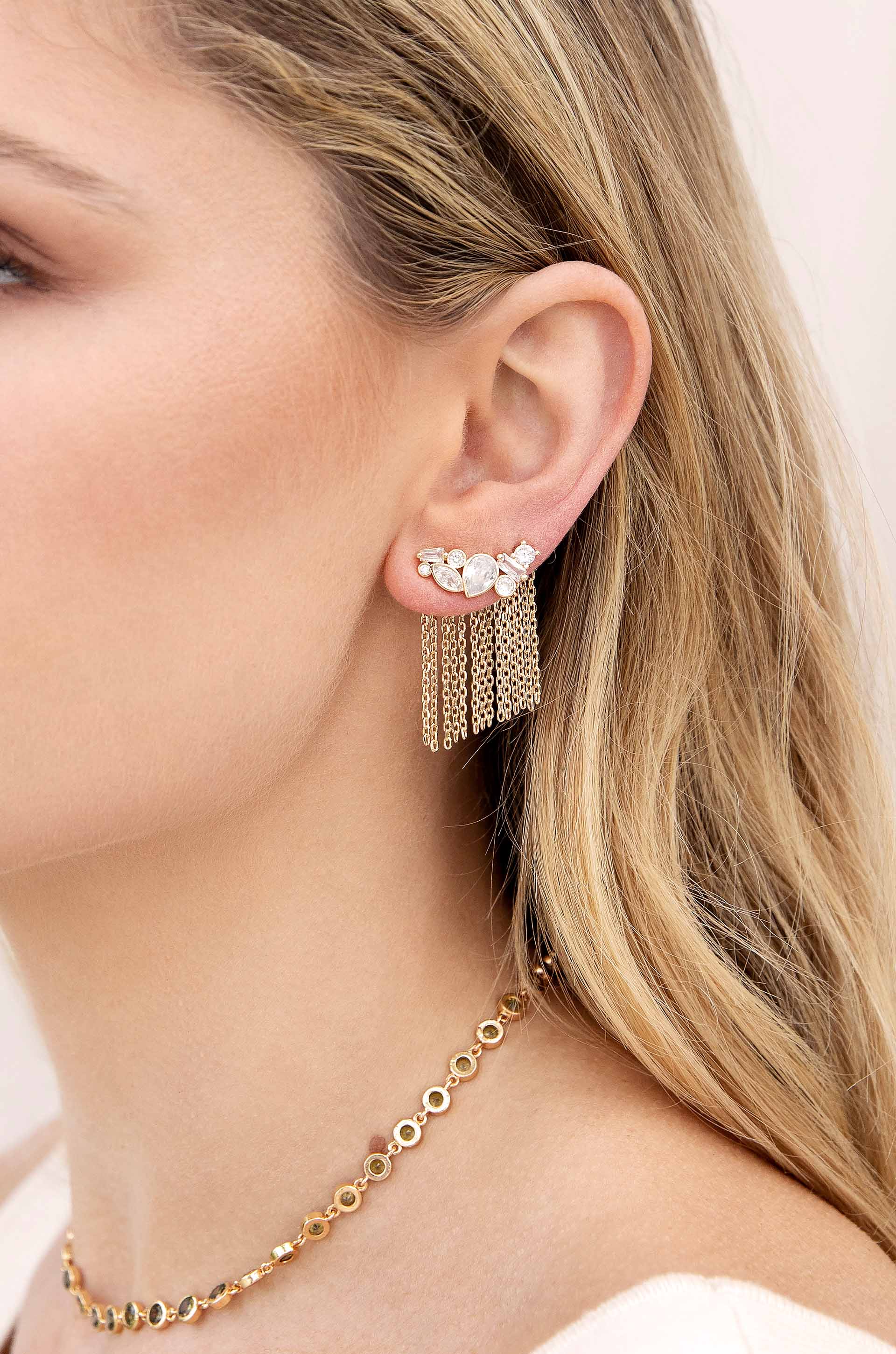 Dolled Up Three-In-One 18k Gold Plated Ear Crawlers on model