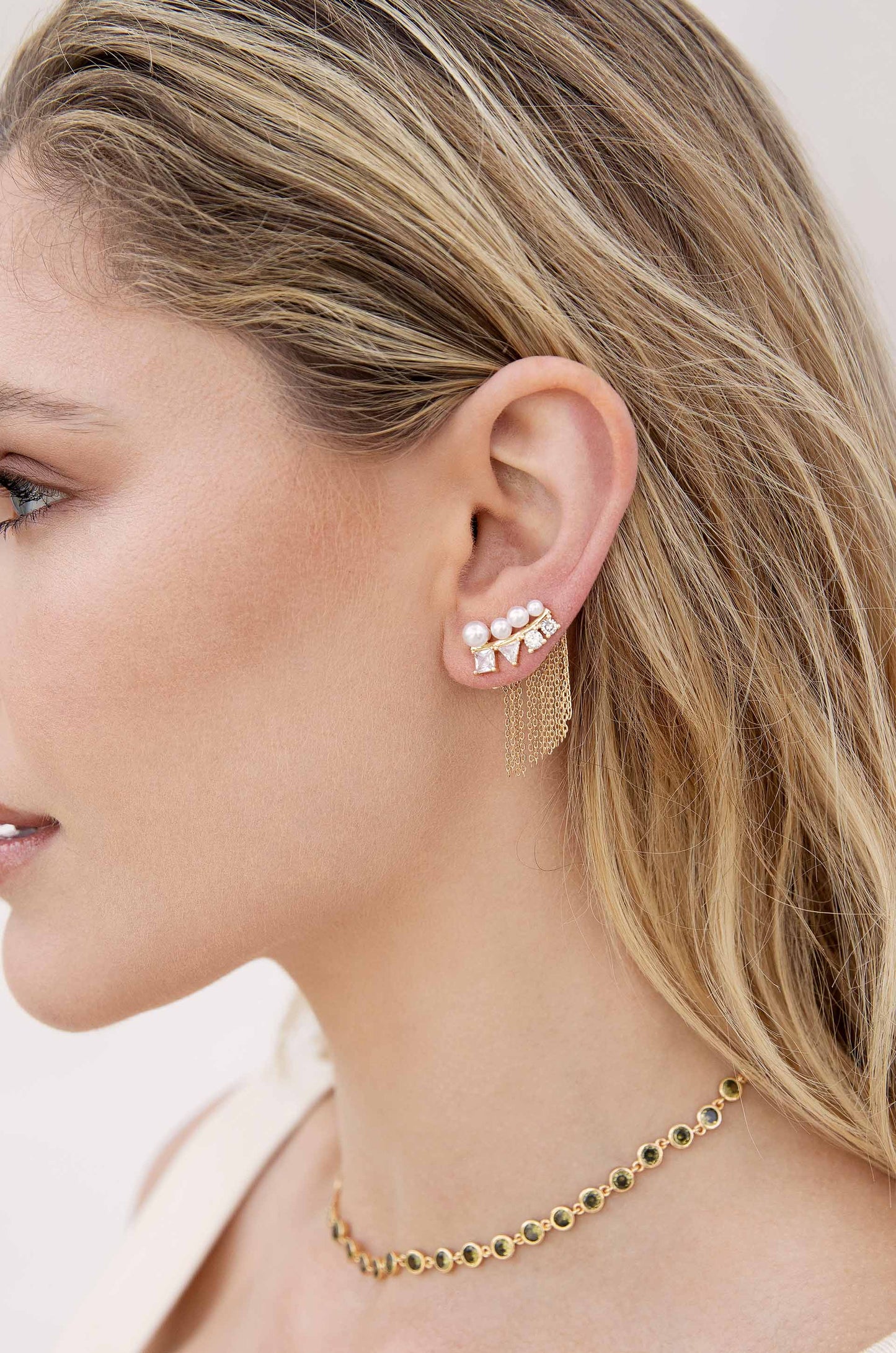 Crystal and Pearl Three-In-One Ear Crawlers on model