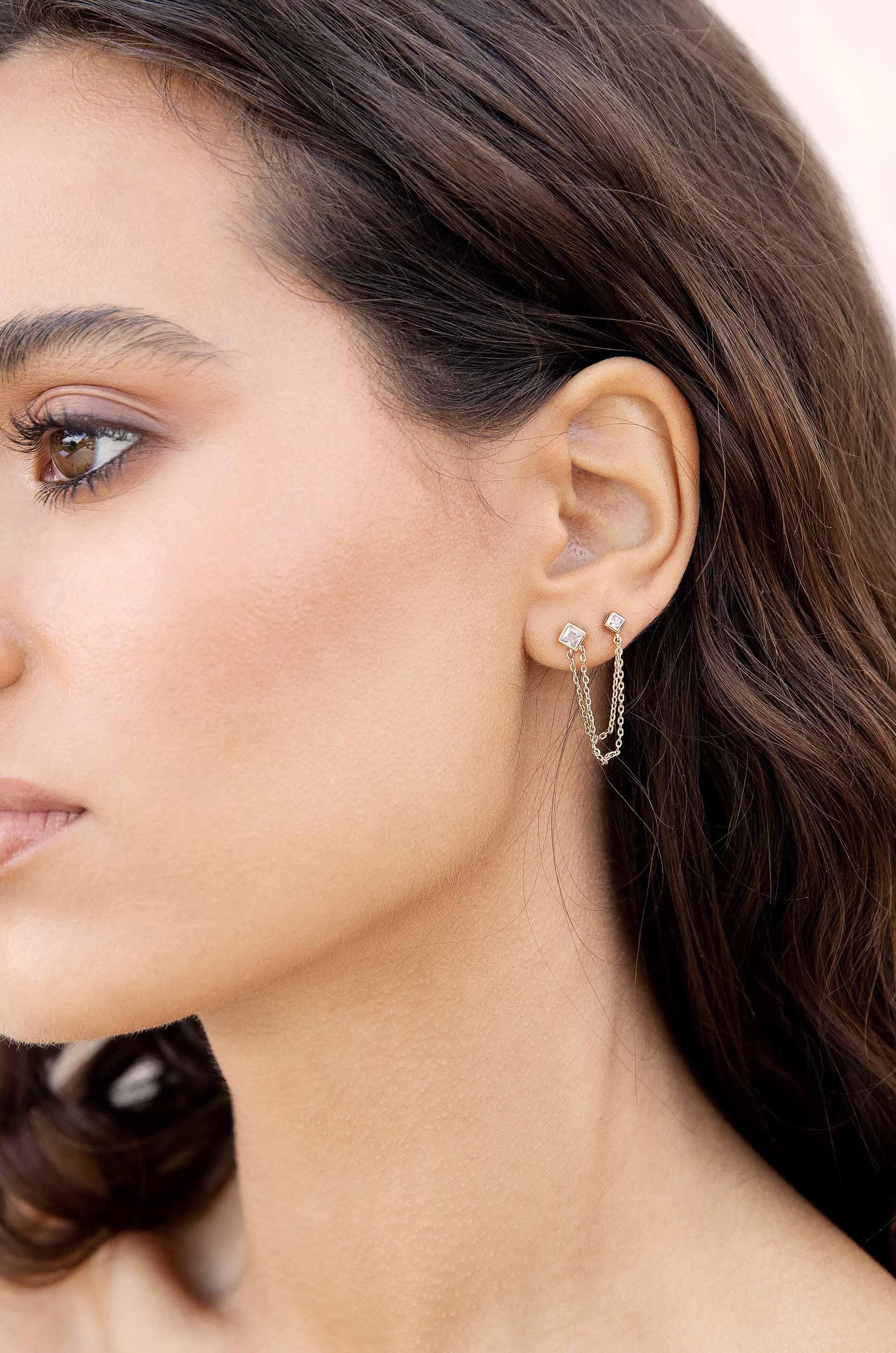 Double Piercing Diamond Shape 18k Gold Plated Earrings on model