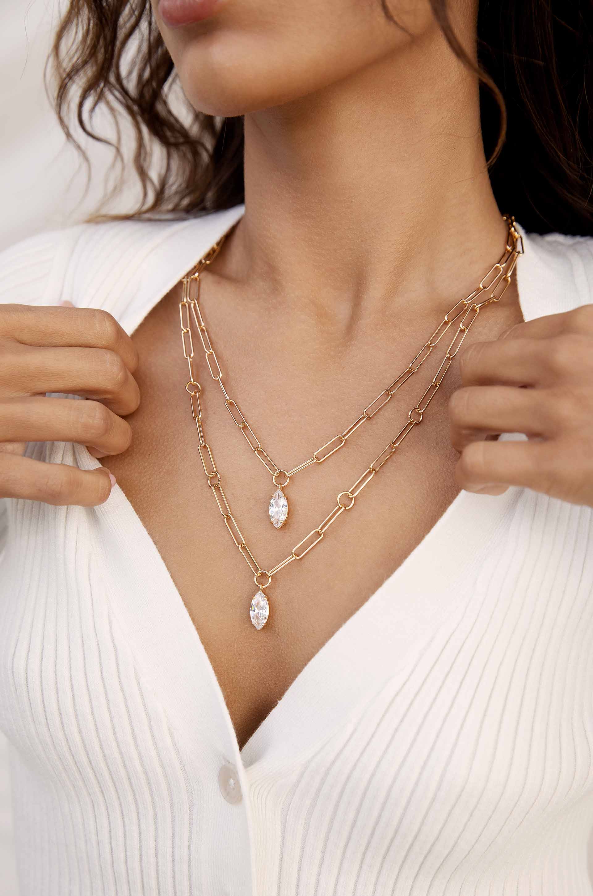 Double Layered 18k Gold Plated Crystal Pendant Necklace on model