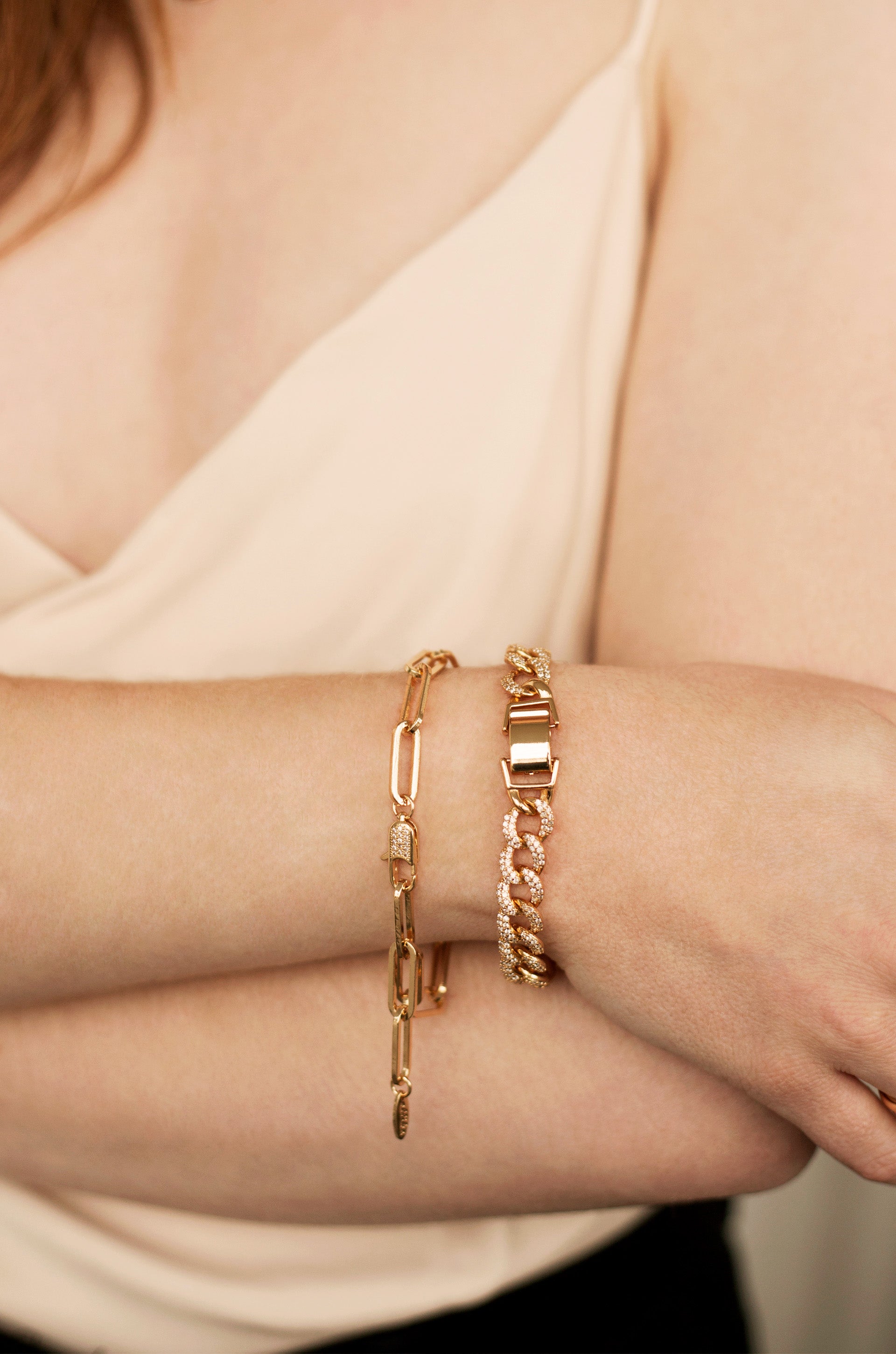 Embellished Pave Chain 18k Gold Plated Bracelet on model
