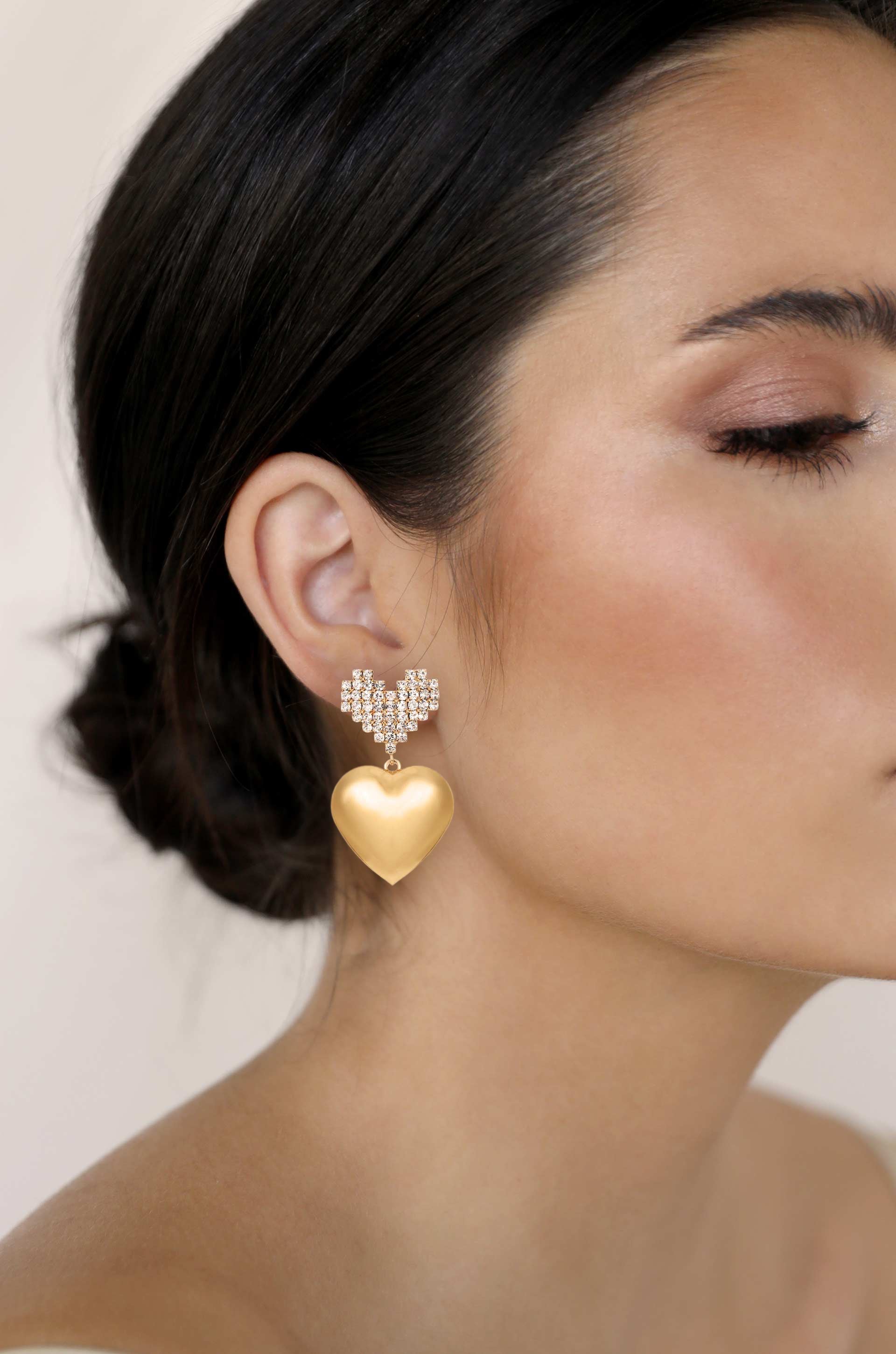 Digital Love Crystal Heart 18k Gold Plated Dangle Earrings on model