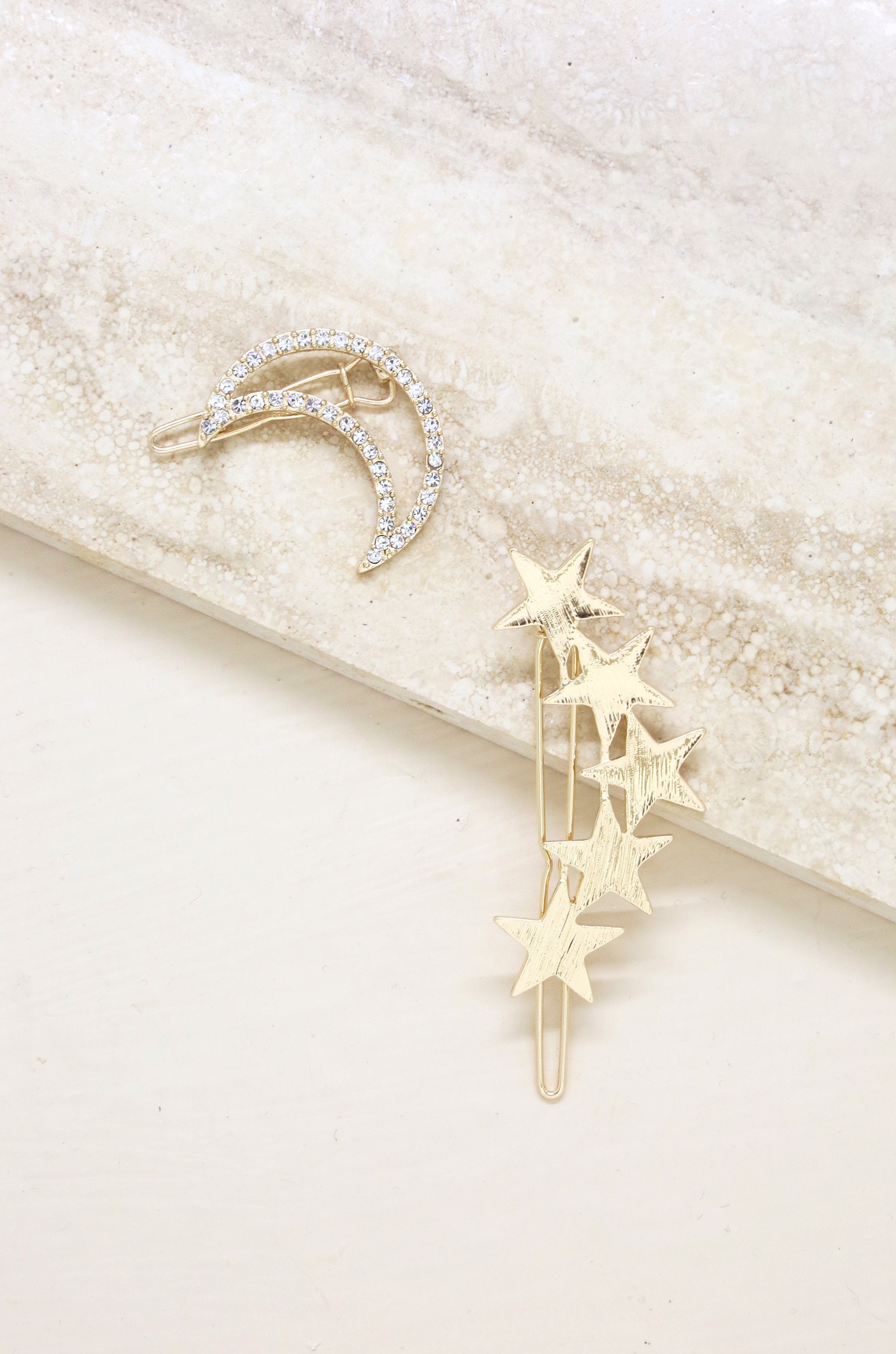 Stars and Moon Set of 2 Hair Barrettes in Gold on slate background  
