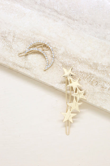 Stars and Moon Set of 2 Hair Barrettes in Gold on slate background  