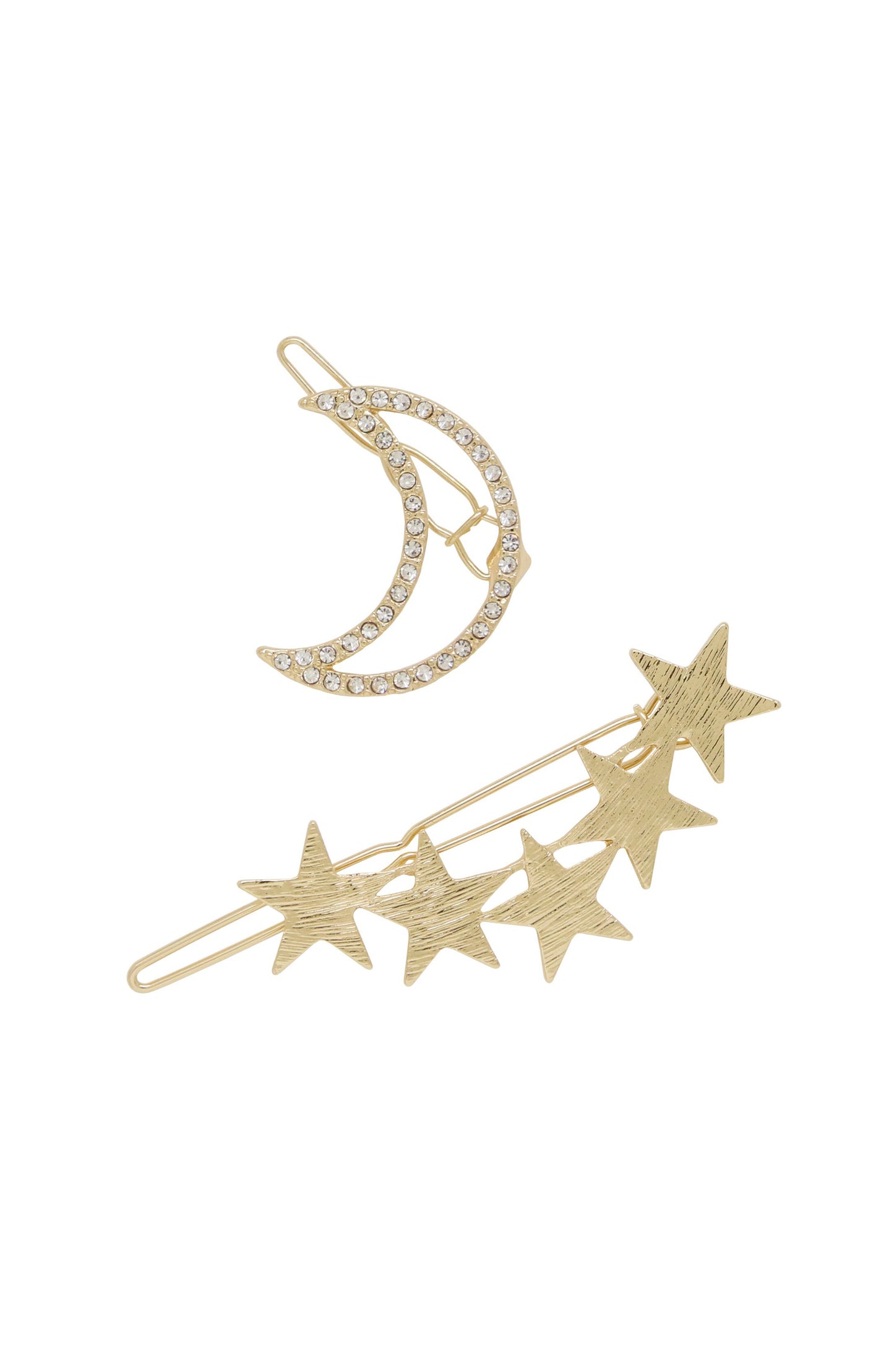 Stars and Moon Set of 2 Hair Barrettes in Gold on white background  