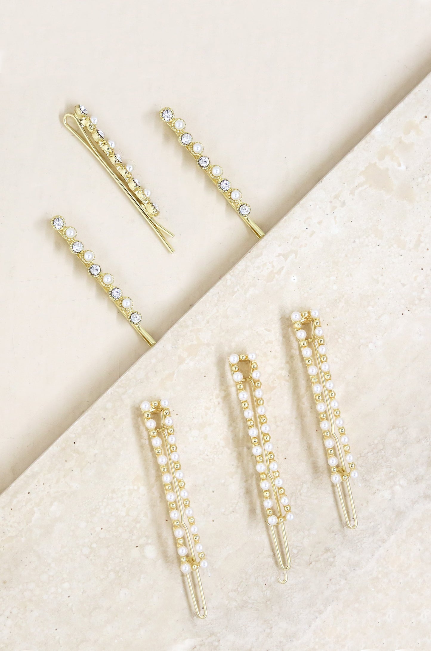 Pearl and Clear Crystal Mixed Hair Pin Set of 6 on slate background  