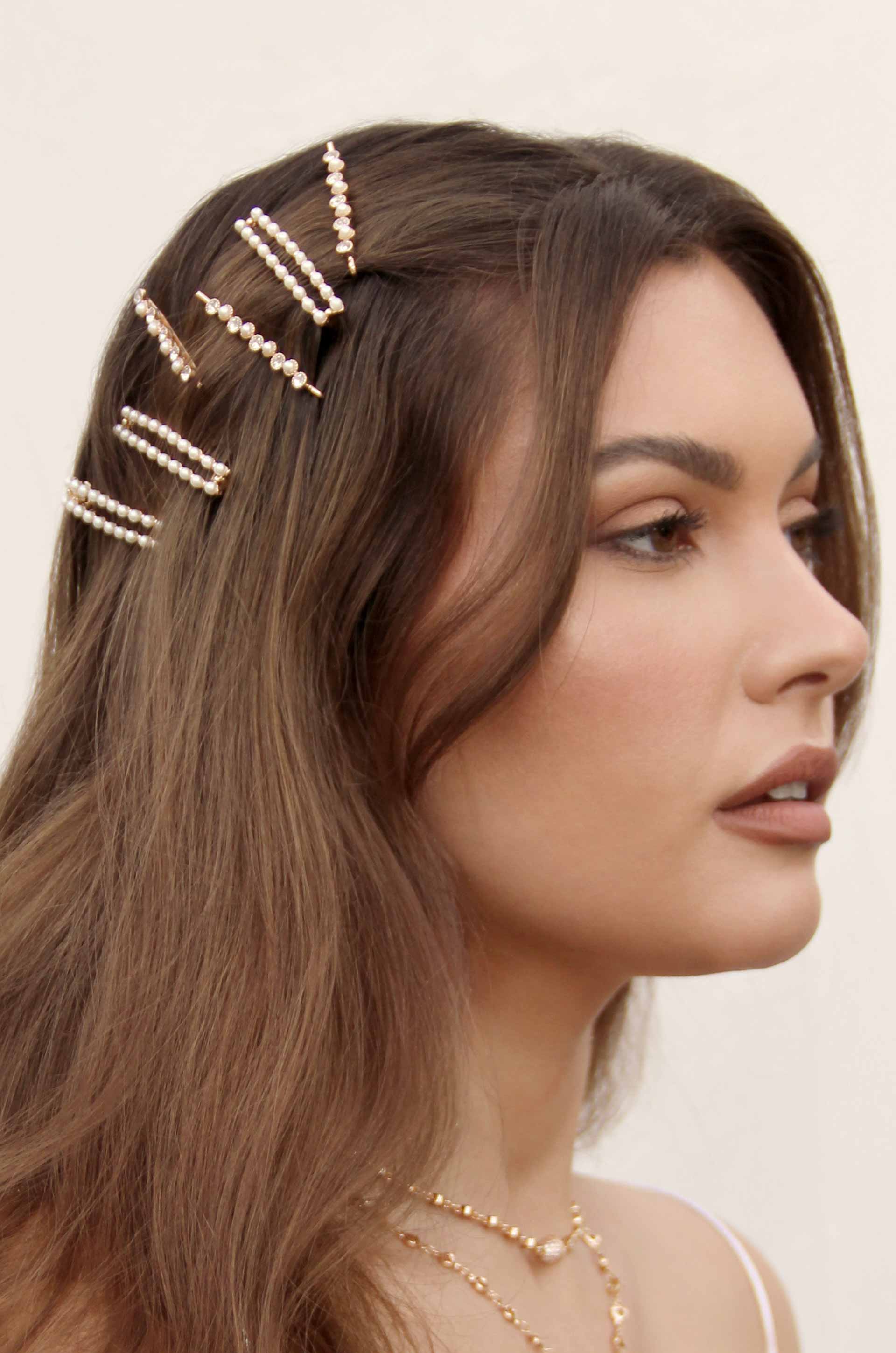 Pearl and Clear Crystal Mixed Hair Pin Set of 6 shown on a model  