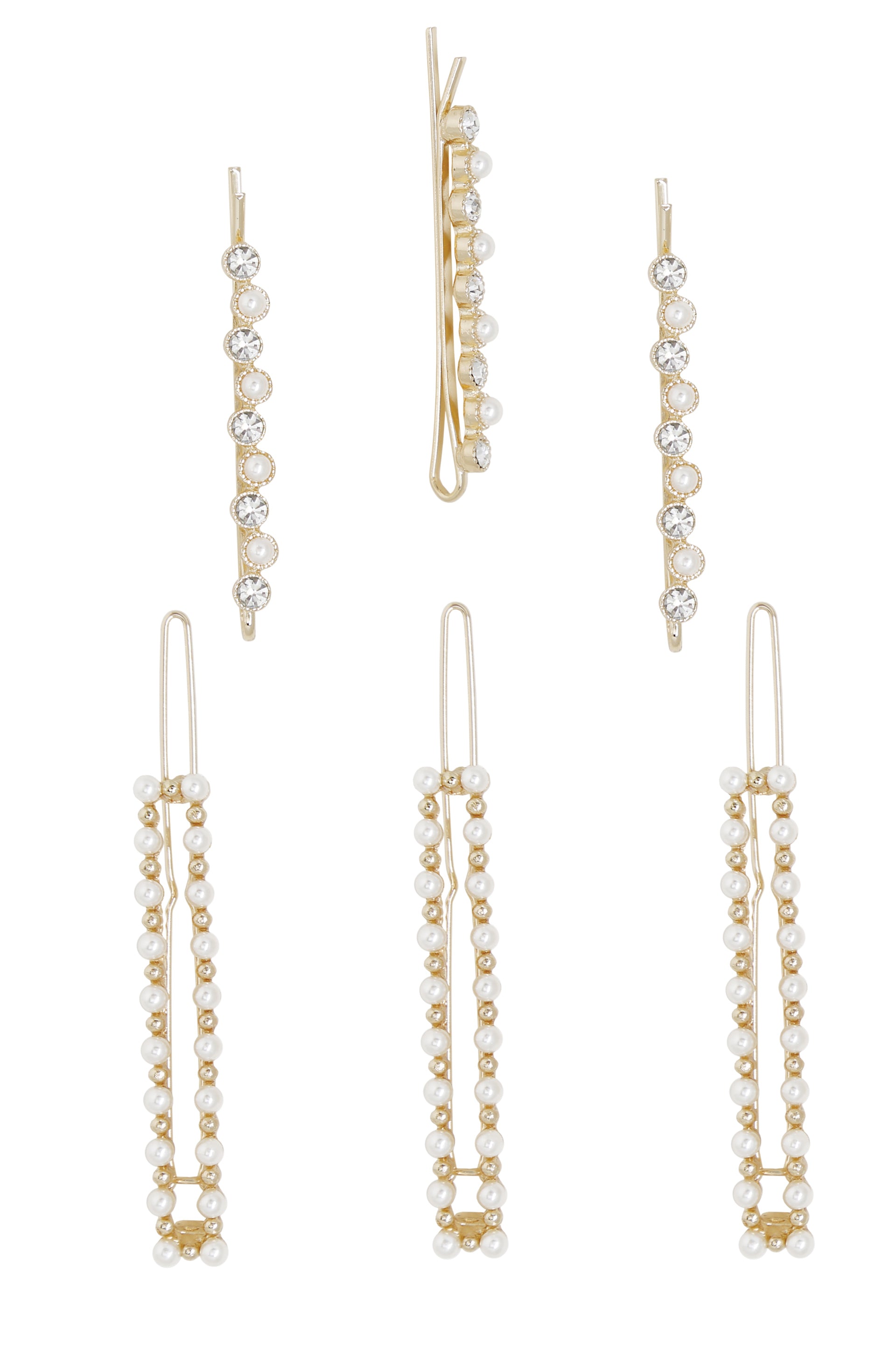 Pearl and Clear Crystal Mixed Hair Pin Set of 6 on white background  