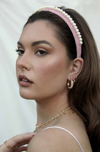 Classic Pink and Pearl Headband on model