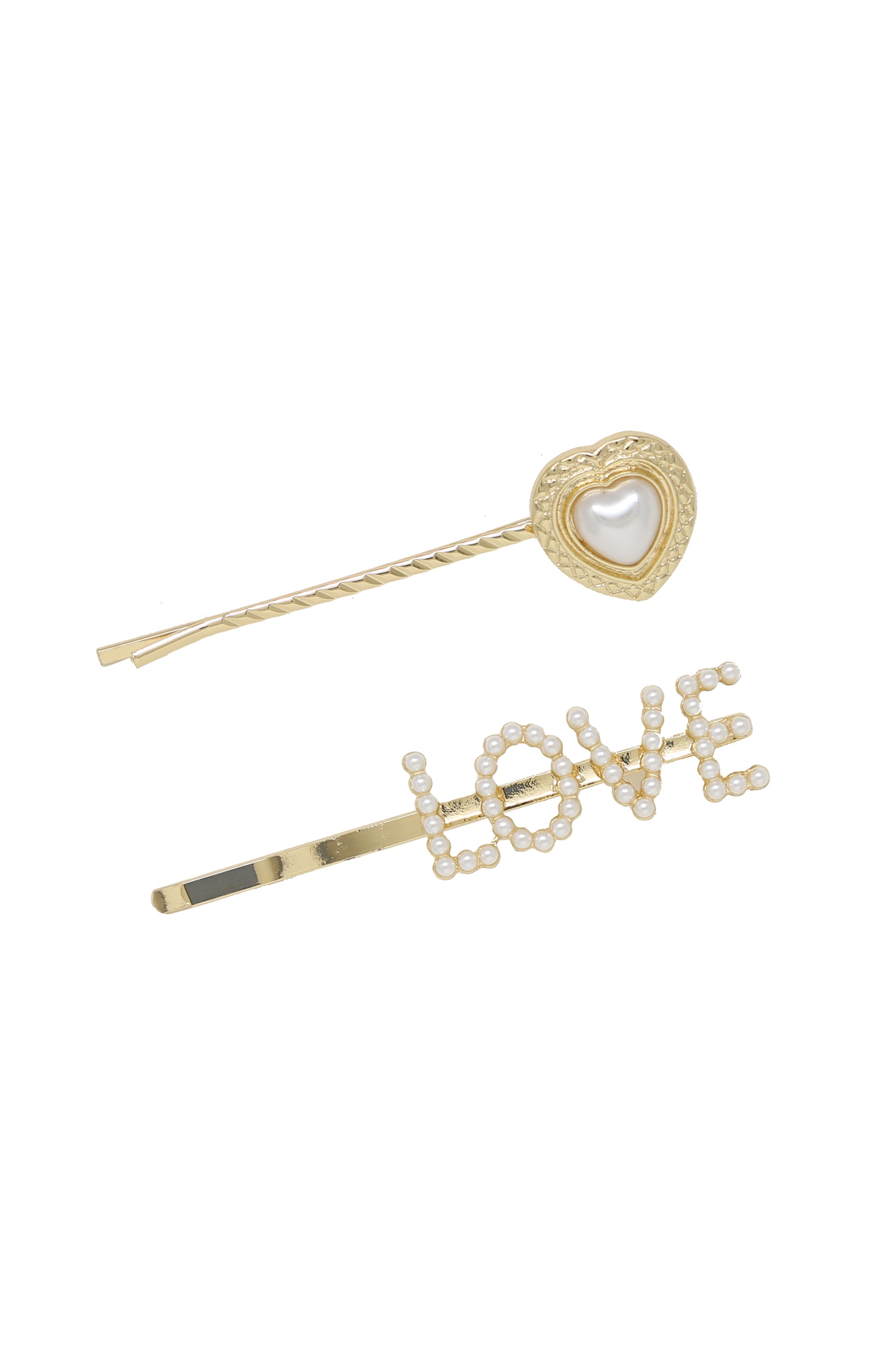 Pearl & Gold Love Heart Hair Pin Set on white background  