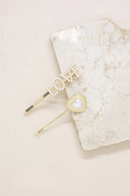 Pearl & Gold Love Heart Hair Pin Set on slate background  