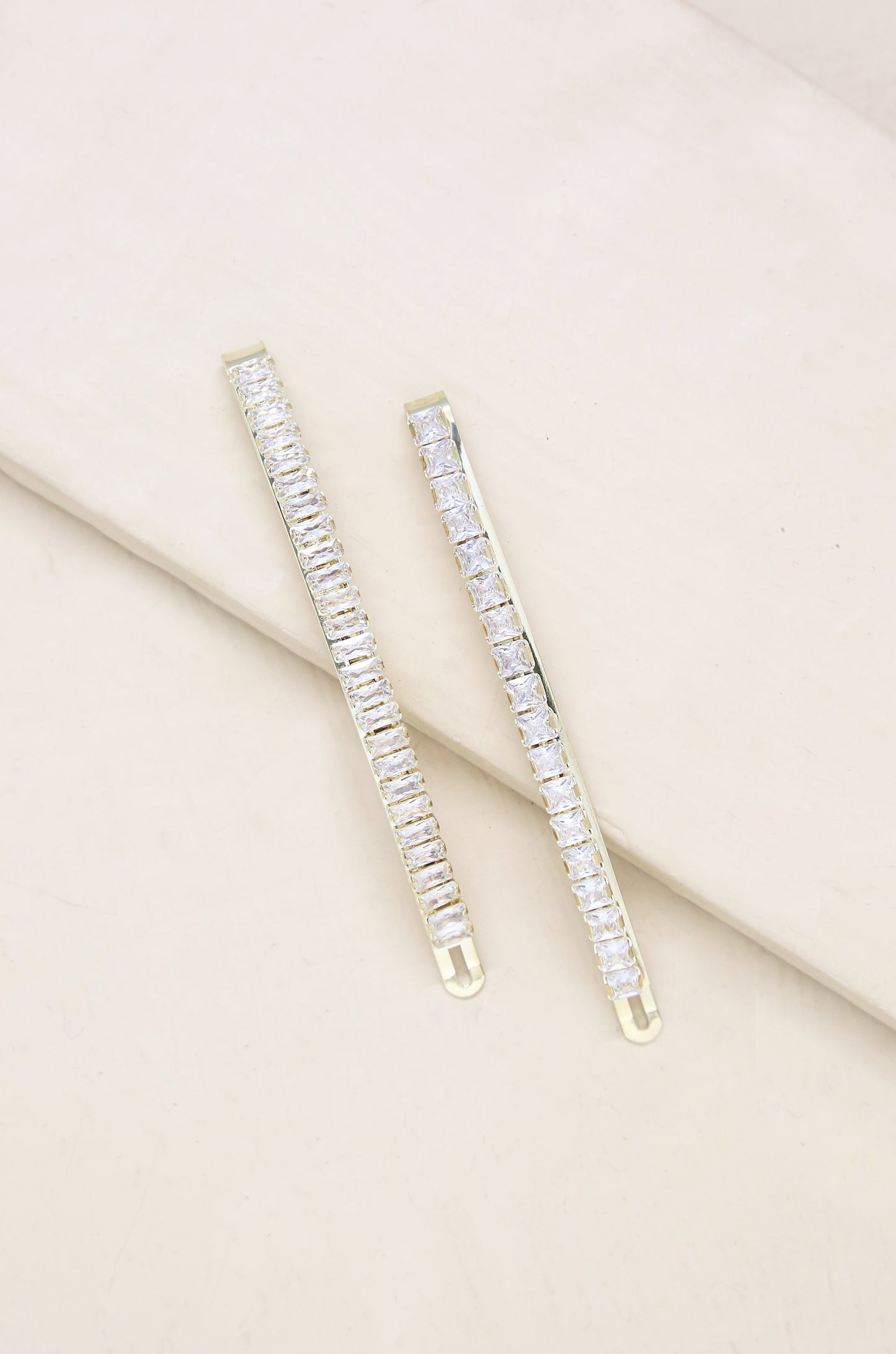 Sleek Lines Crystal Hair Pin Set on slate background  