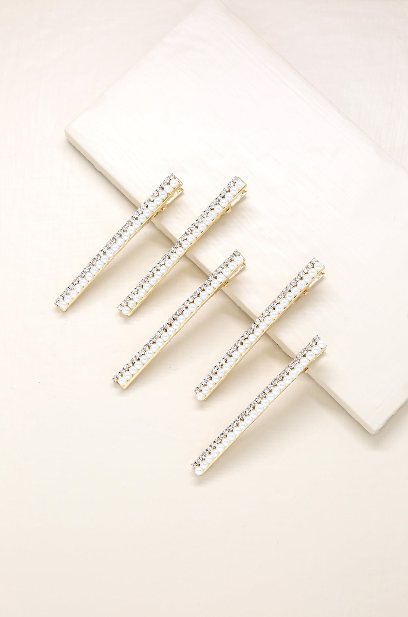 Thin Pearl and Crystal Hair Clip Set on slate background  