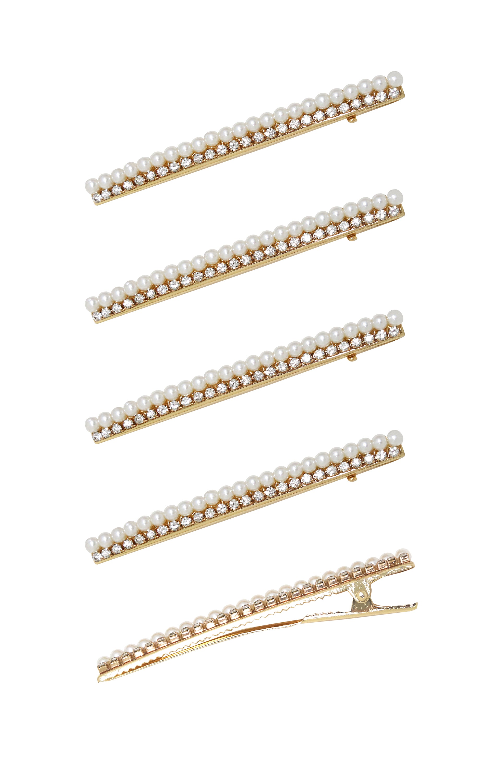 Thin Pearl and Crystal Hair Clip Set on white background  