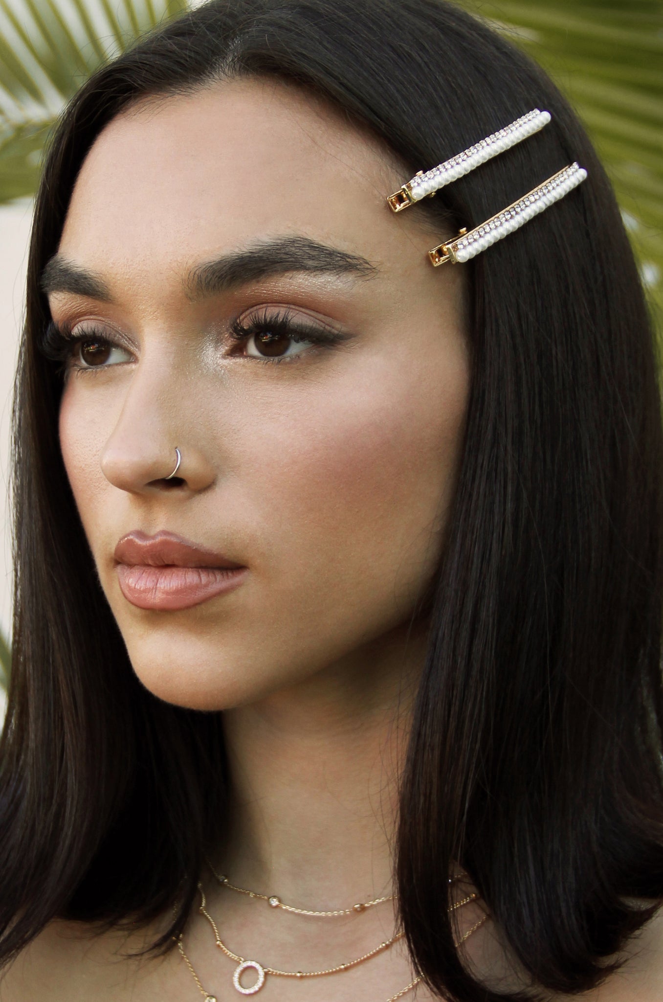 Thin Pearl and Crystal Hair Clip Set shown on a model  