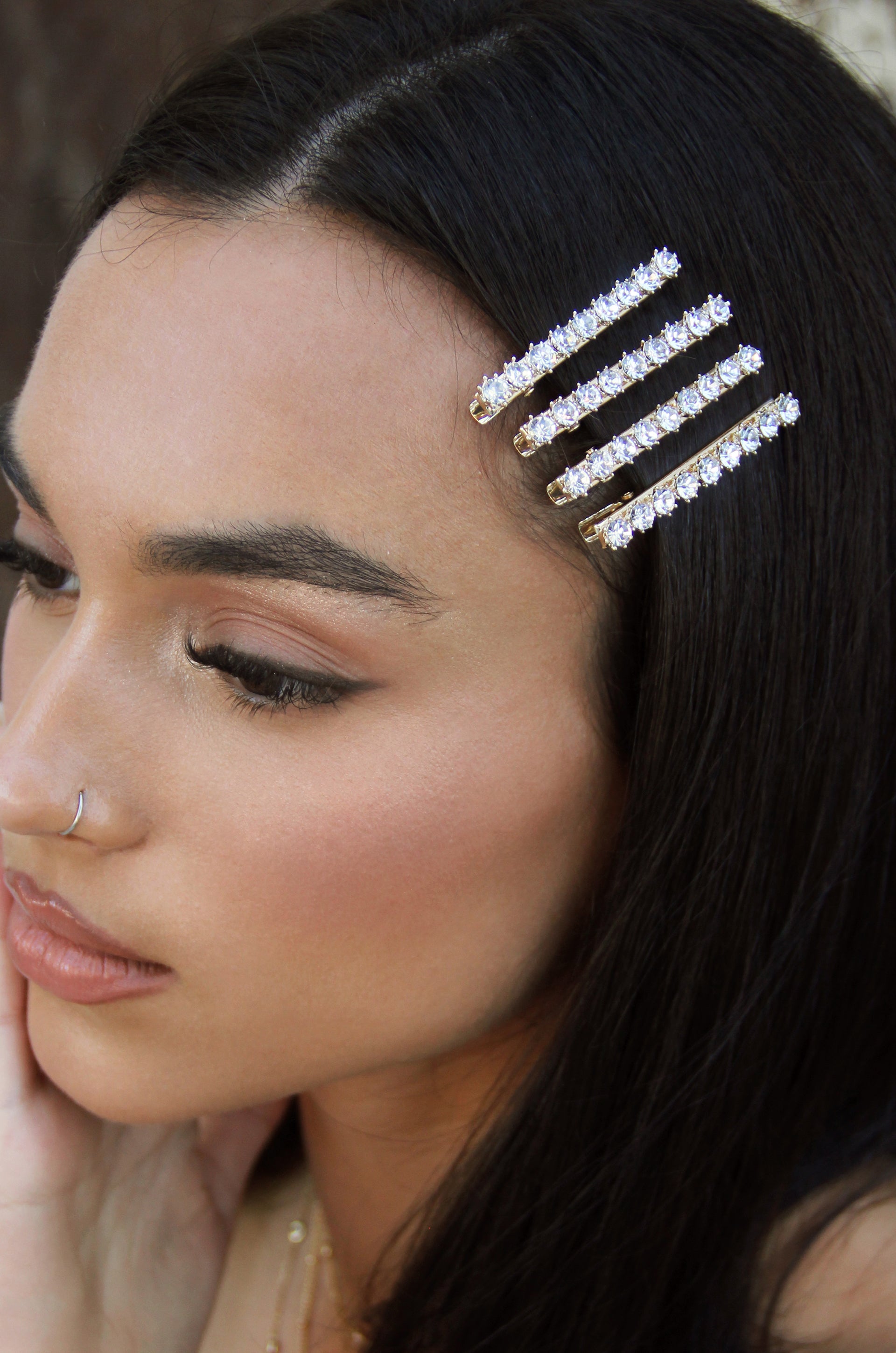 Brittany Crystal Clip Set shown on a model  