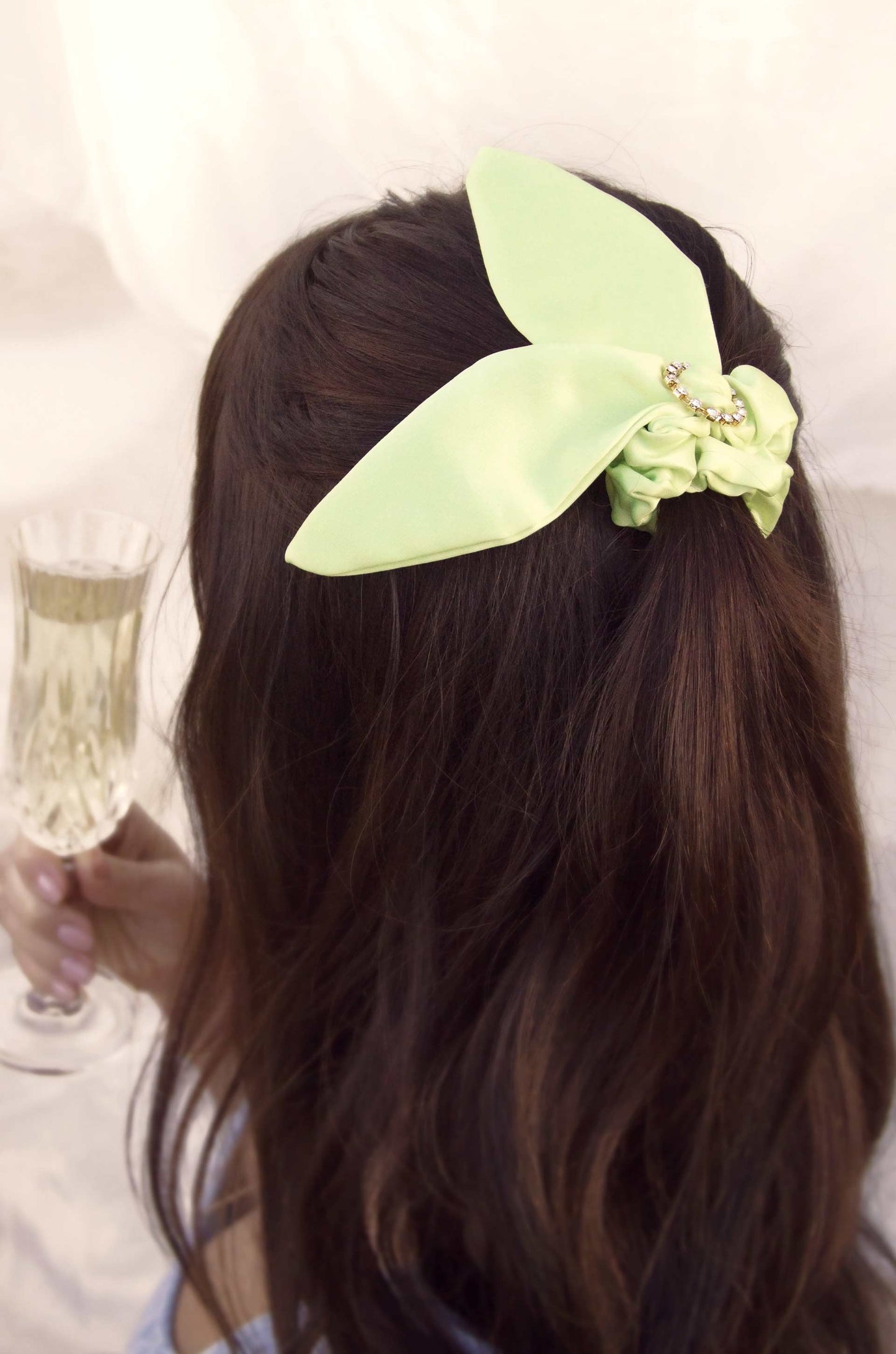 Neon Scrunchie with Crystal in Lime Green on model