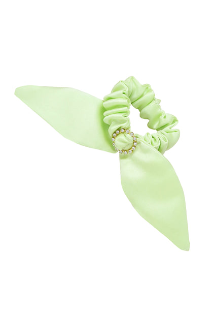 Neon Scrunchie with Crystal in Lime Green on white background  