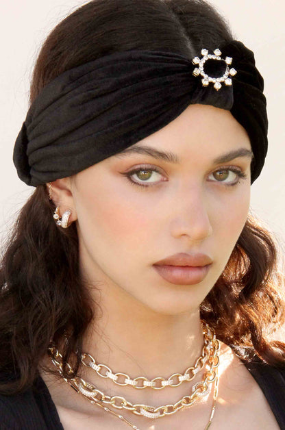 Velvet Headband with Crystal Ring in Black shown on a model  
