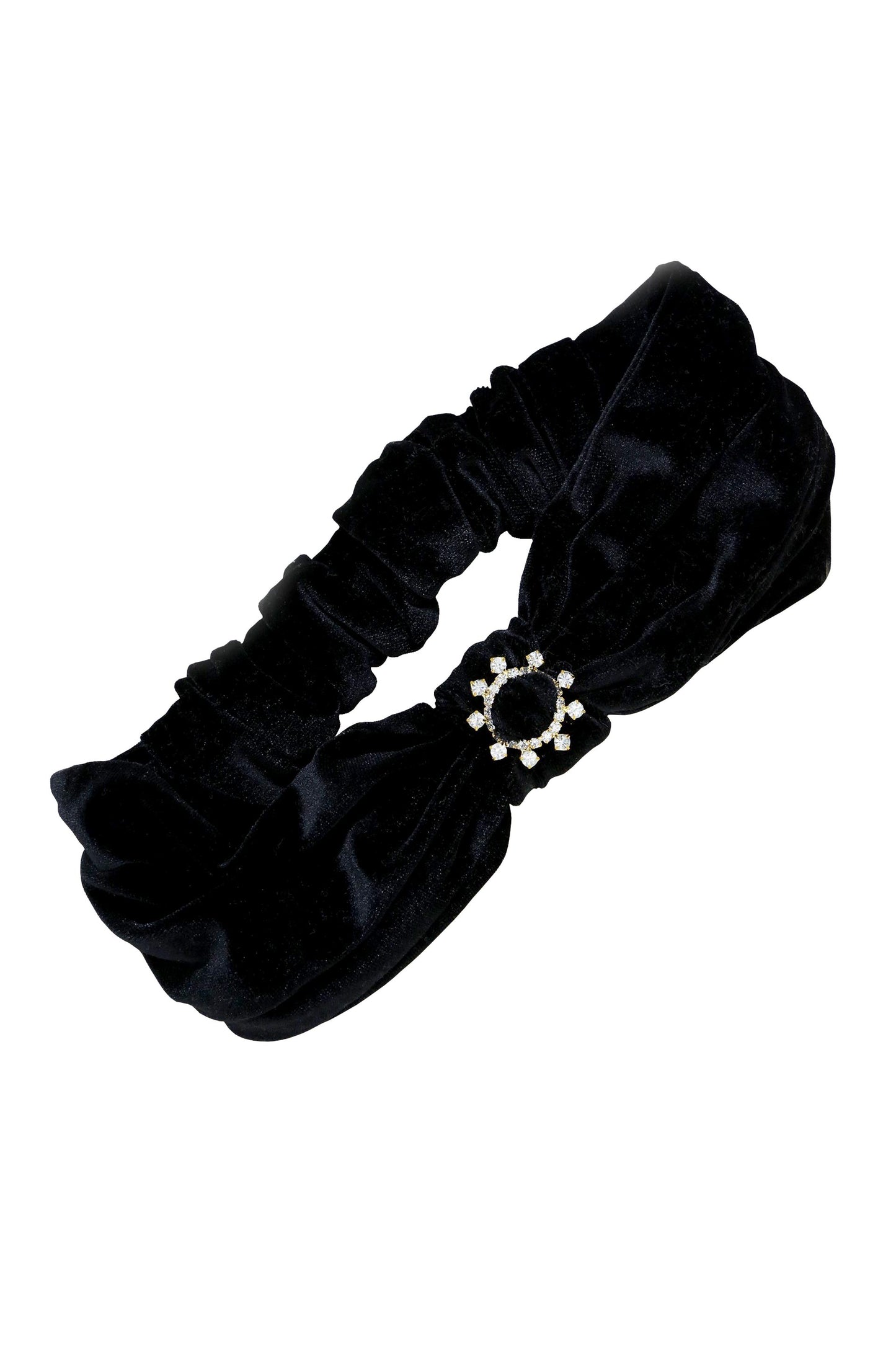 Velvet Headband with Crystal Ring in Black on white background  