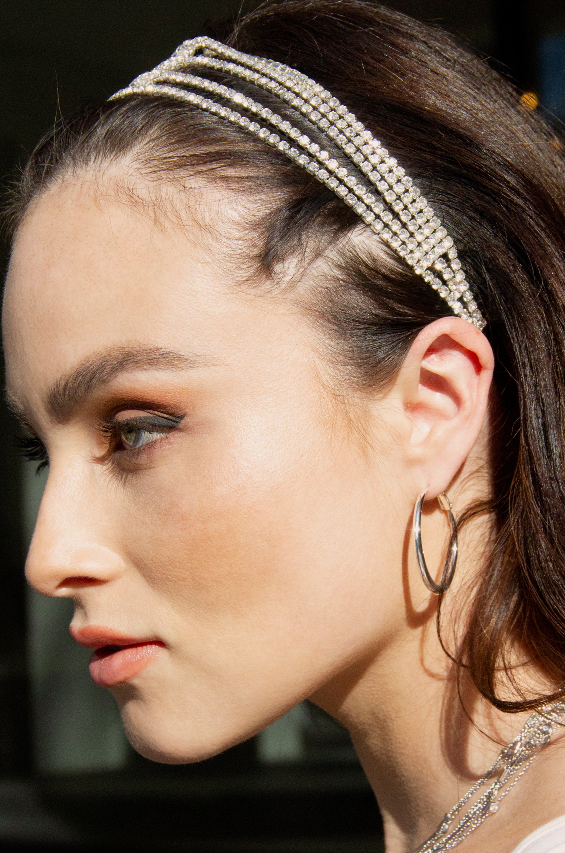 Rhinestone Multi-Chain Headband in Silver shown on a model  