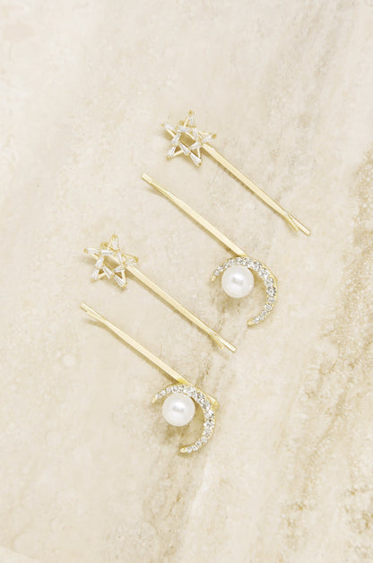 Spell Casting Crystal and Pearl Hair Pins on slate background  