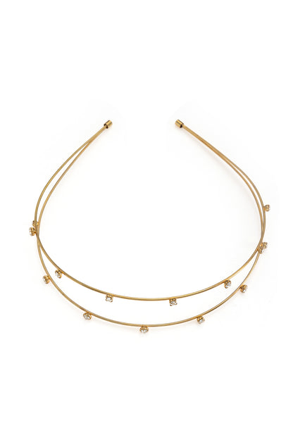 Delicate Crystal Dotted Gold Headband on white background  
