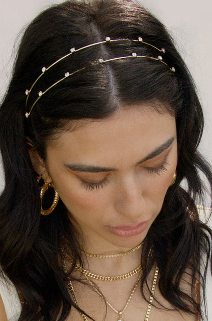 Delicate Crystal Dotted Gold Headband shown on a model  