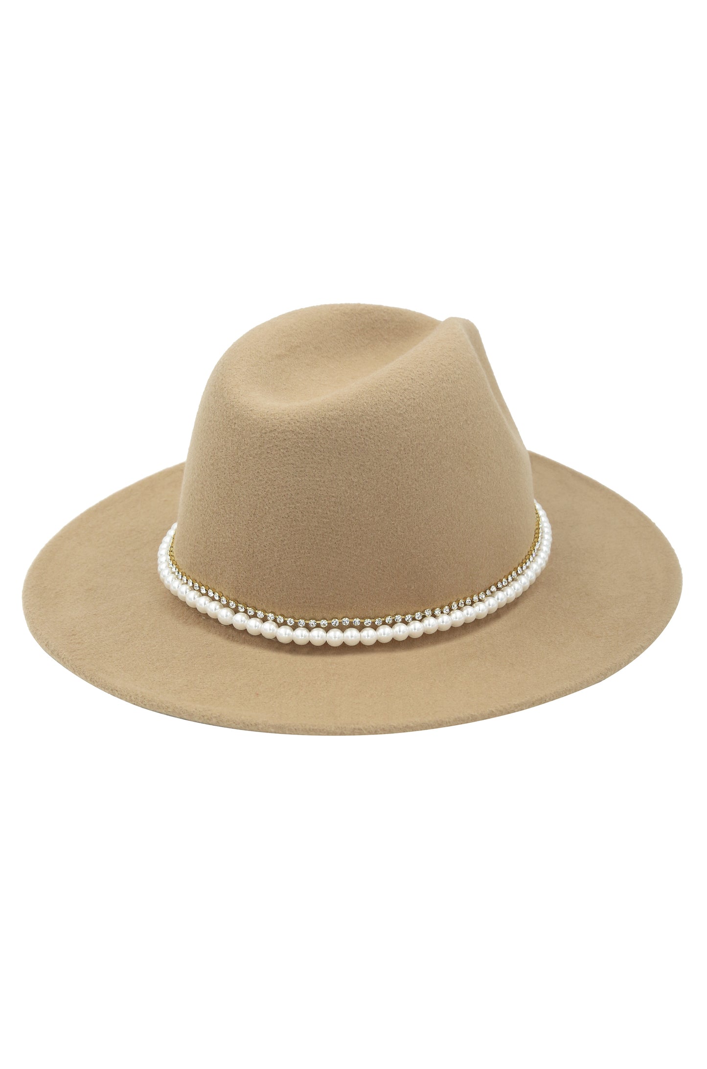 With the Band Hat in Tan with Pearls on white background  