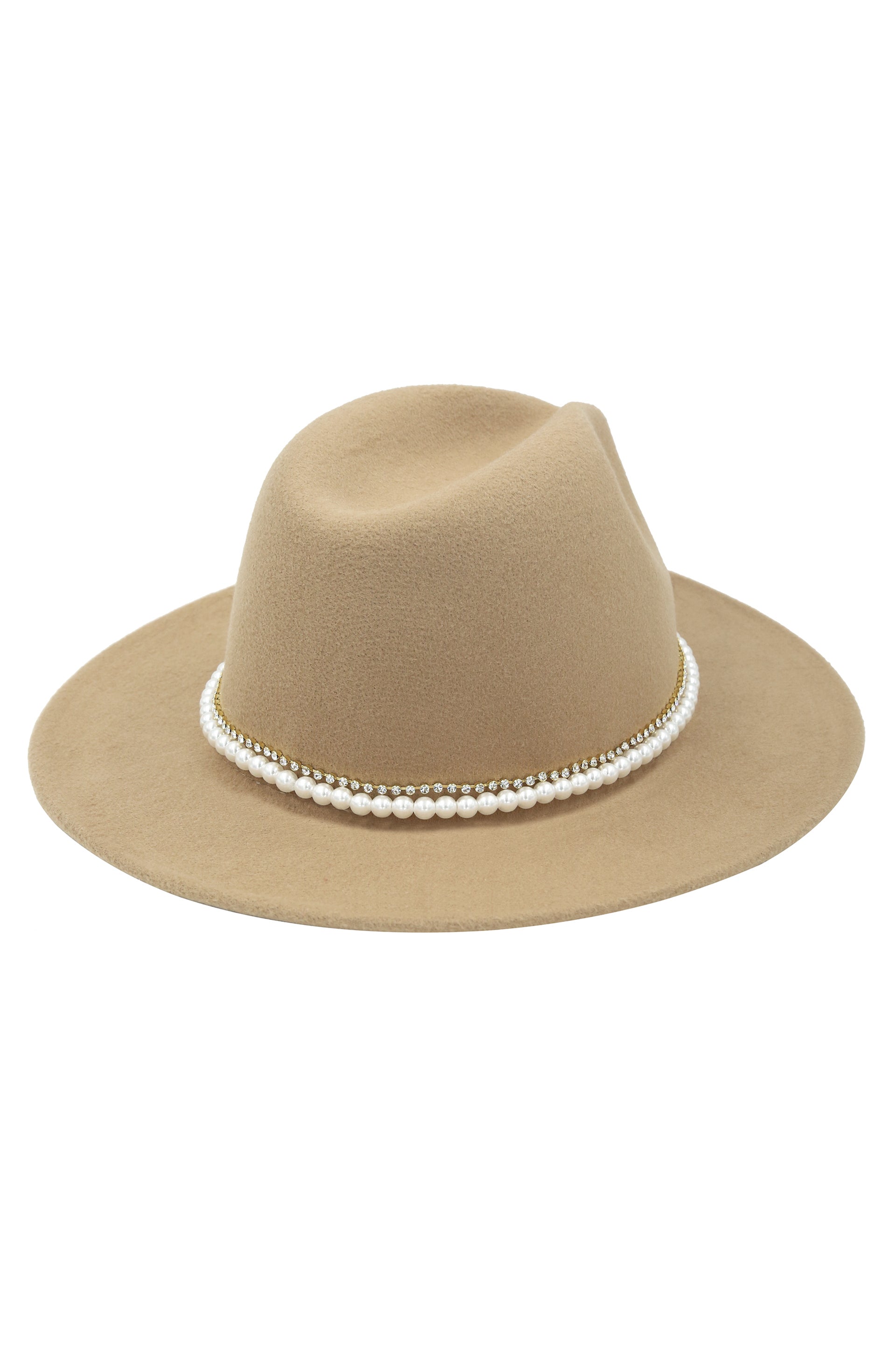 With the Band Hat in Tan with Pearls on white background  