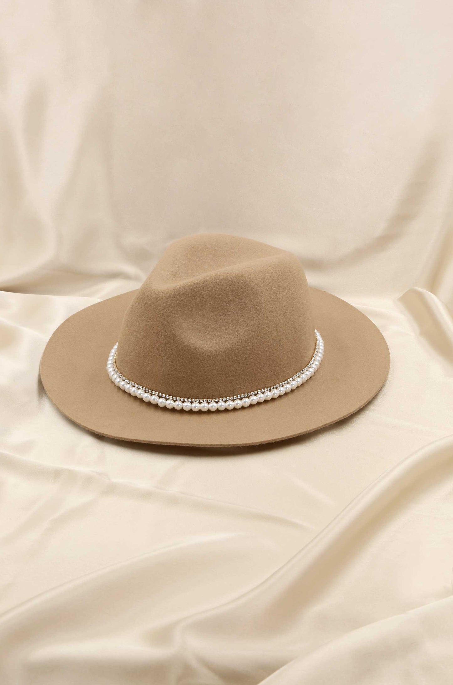 With the Band Hat in Tan with Pearls on slate background  