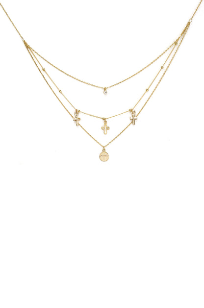 Pray it Forward 18k Gold Plated Layered Cross Necklace on white background  