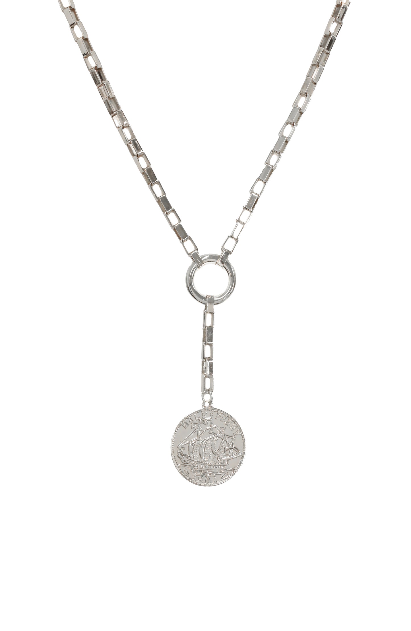 Power Player Coin Lariat Necklace on white background  2
