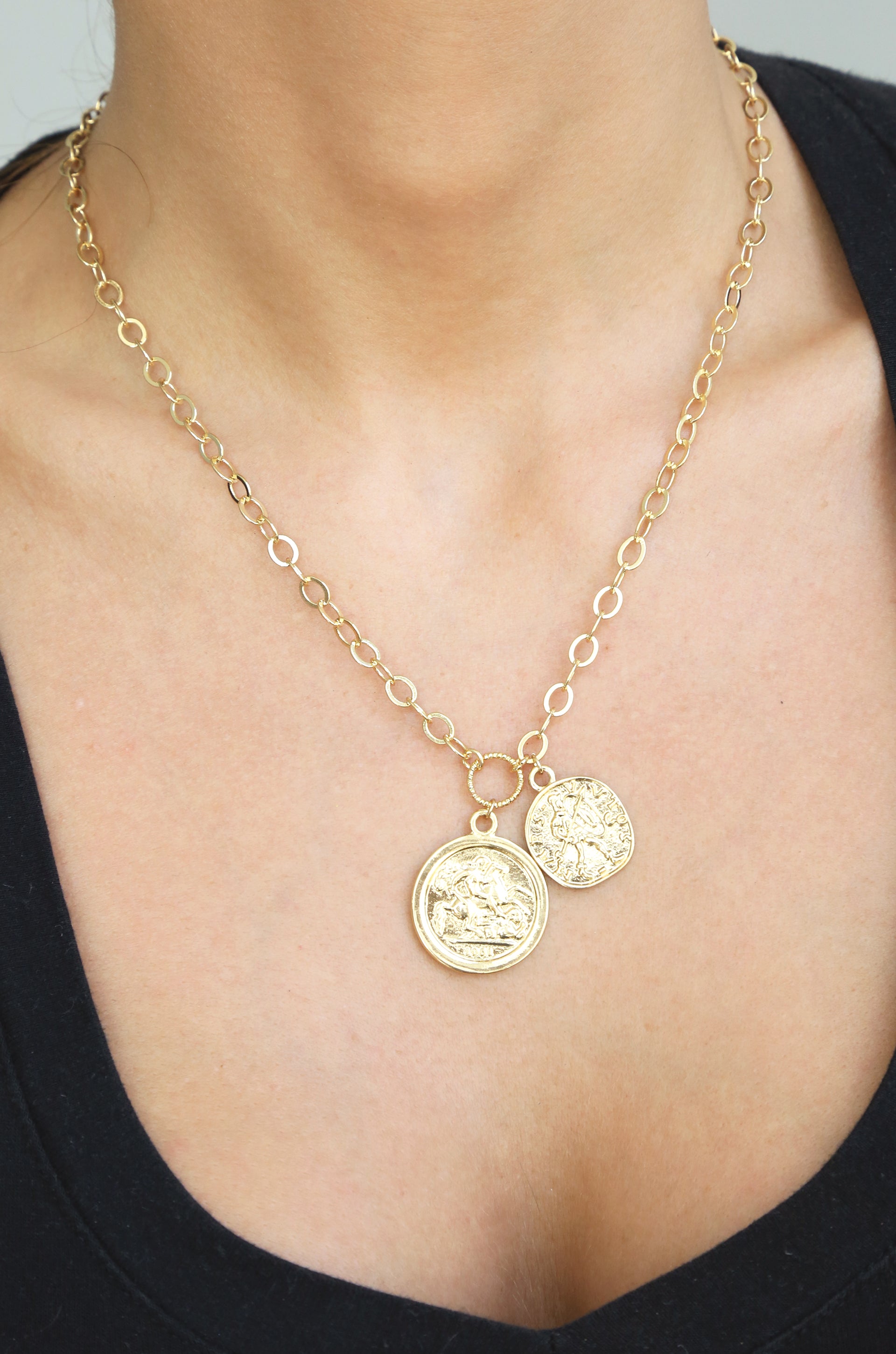 The Adventurer Double Coin Necklace shown on a model  
