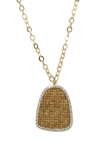 Modern Keepsake 18k Gold Plated Tan Weave Pendant Necklace on white background  