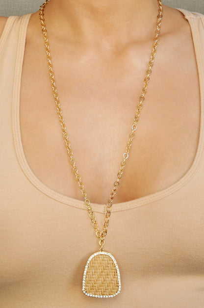 Modern Keepsake 18k Gold Plated Tan Weave Pendant Necklace shown on a model  