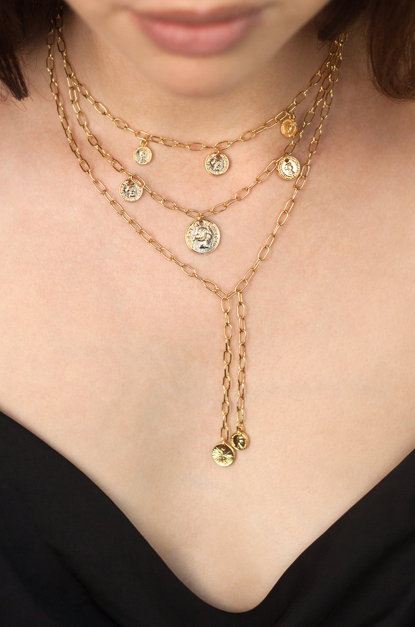 Mini Coin 18k Gold Plated Layered Necklace shown on a model  