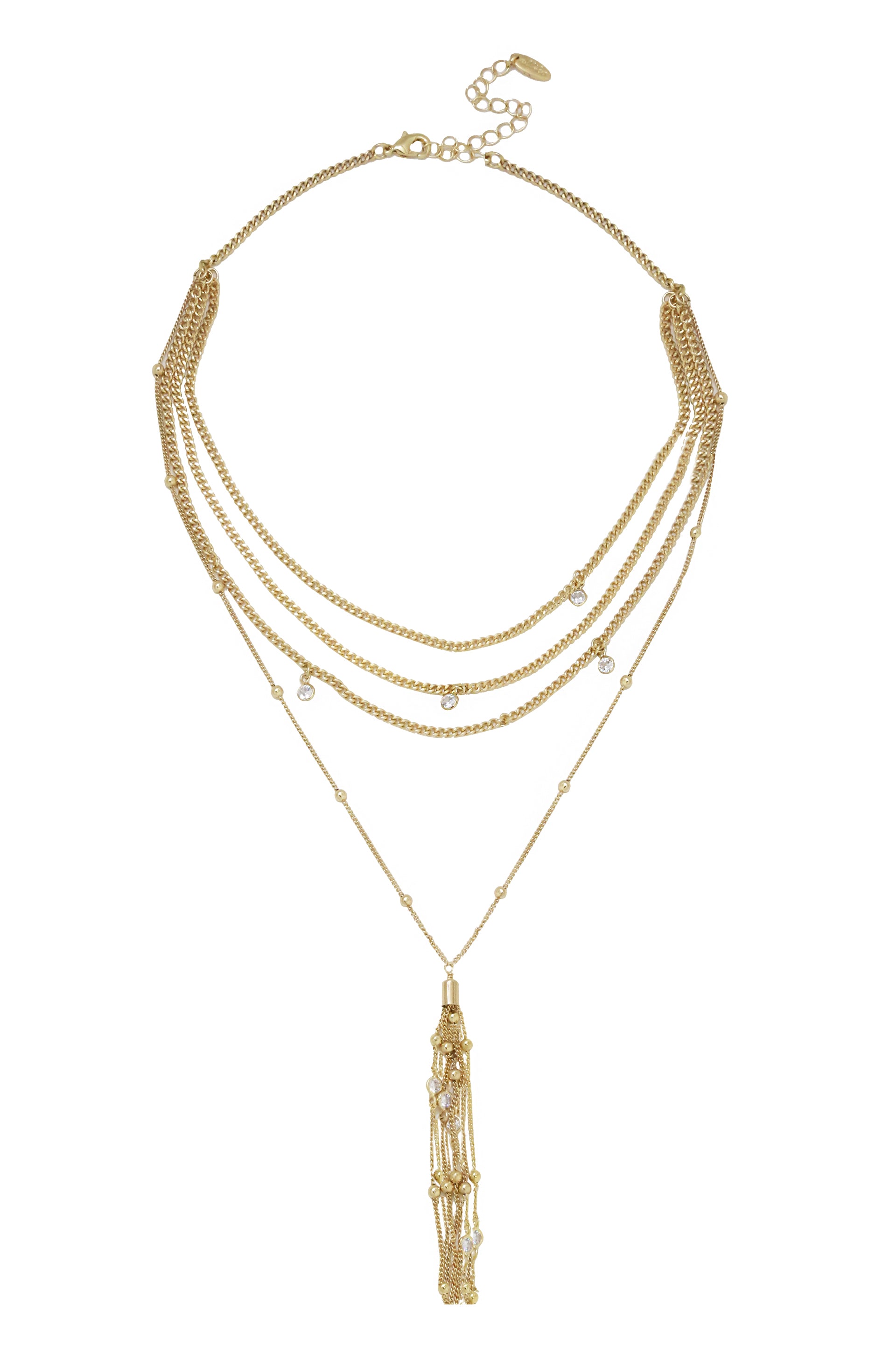 Layered Chain Drop Tassel 18k Gold Plated Necklace on white background  