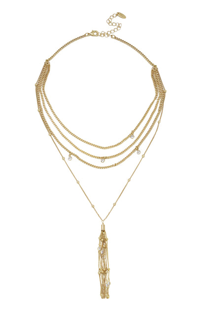 Layered Chain Drop Tassel 18k Gold Plated Necklace on white background  