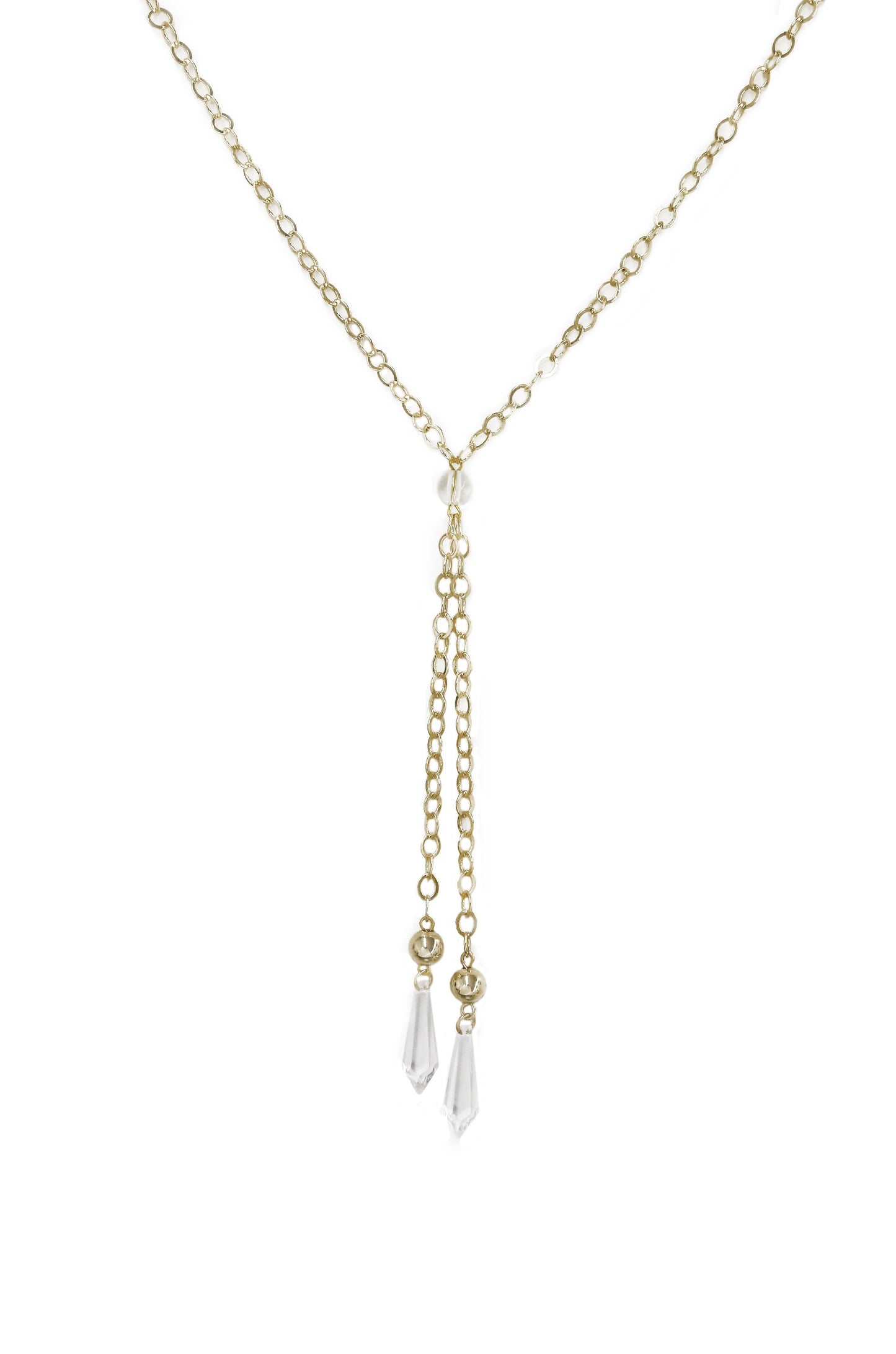 Chain Link 18k Gold Plated Lariat with Double Hanging Resin Pendants on white background  