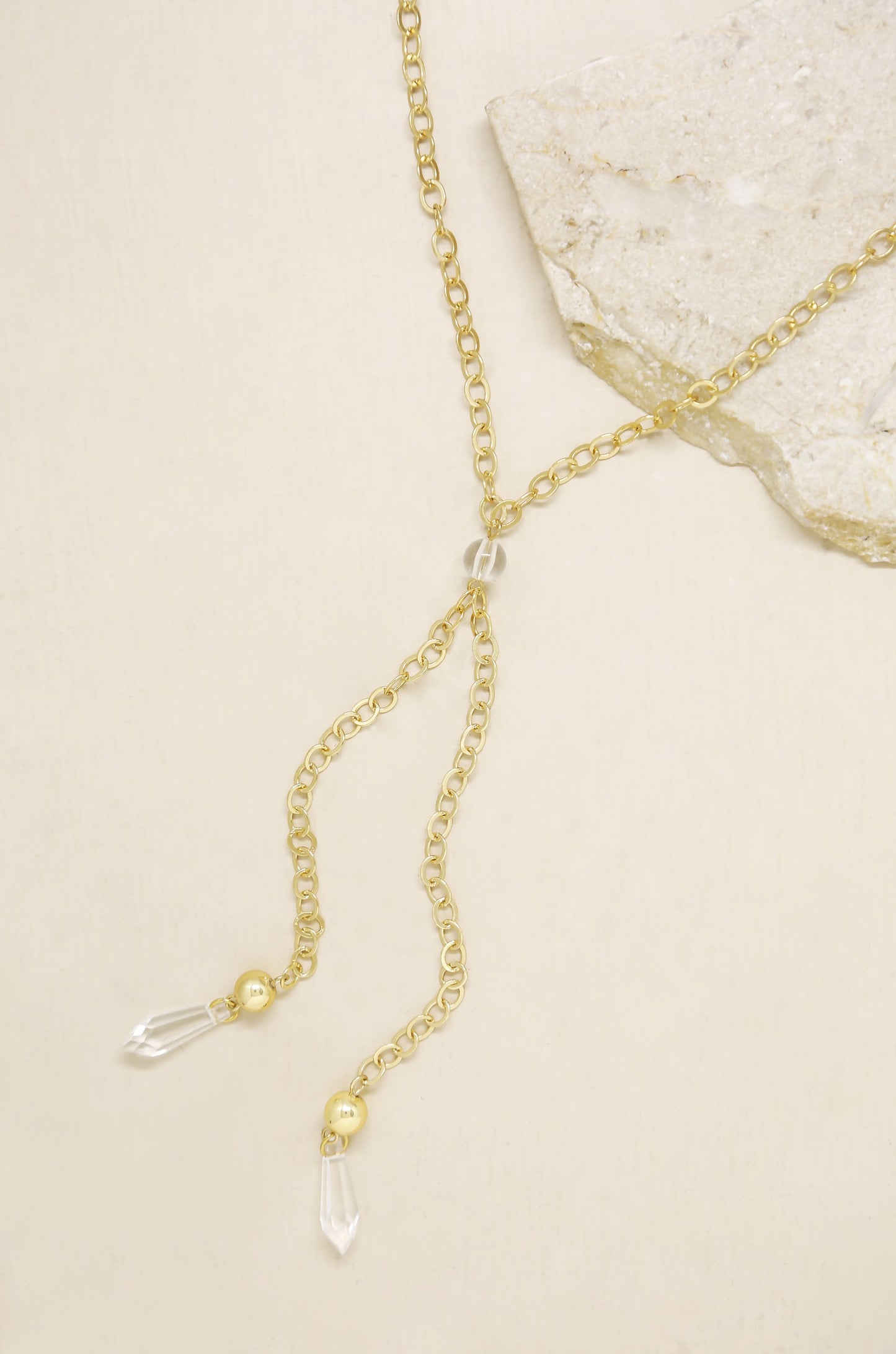 Chain Link 18k Gold Plated Lariat with Double Hanging Resin Pendants on slate background  