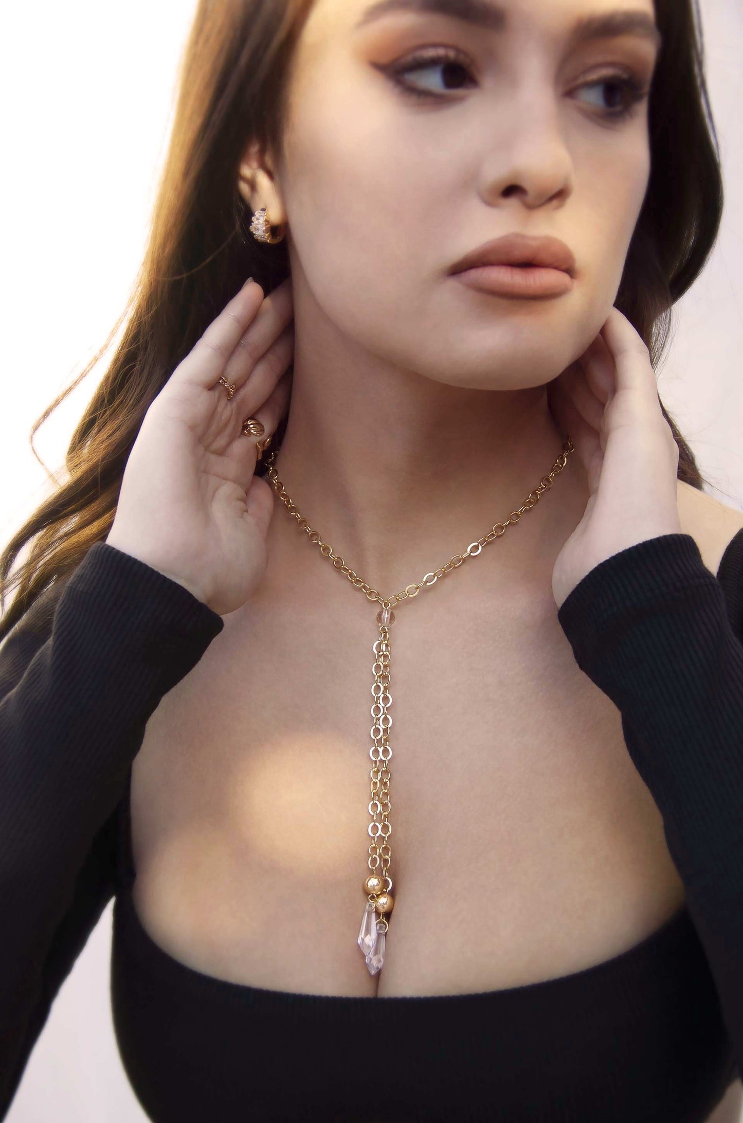 Chain Link 18k Gold Plated Lariat with Double Hanging Resin Pendants on model