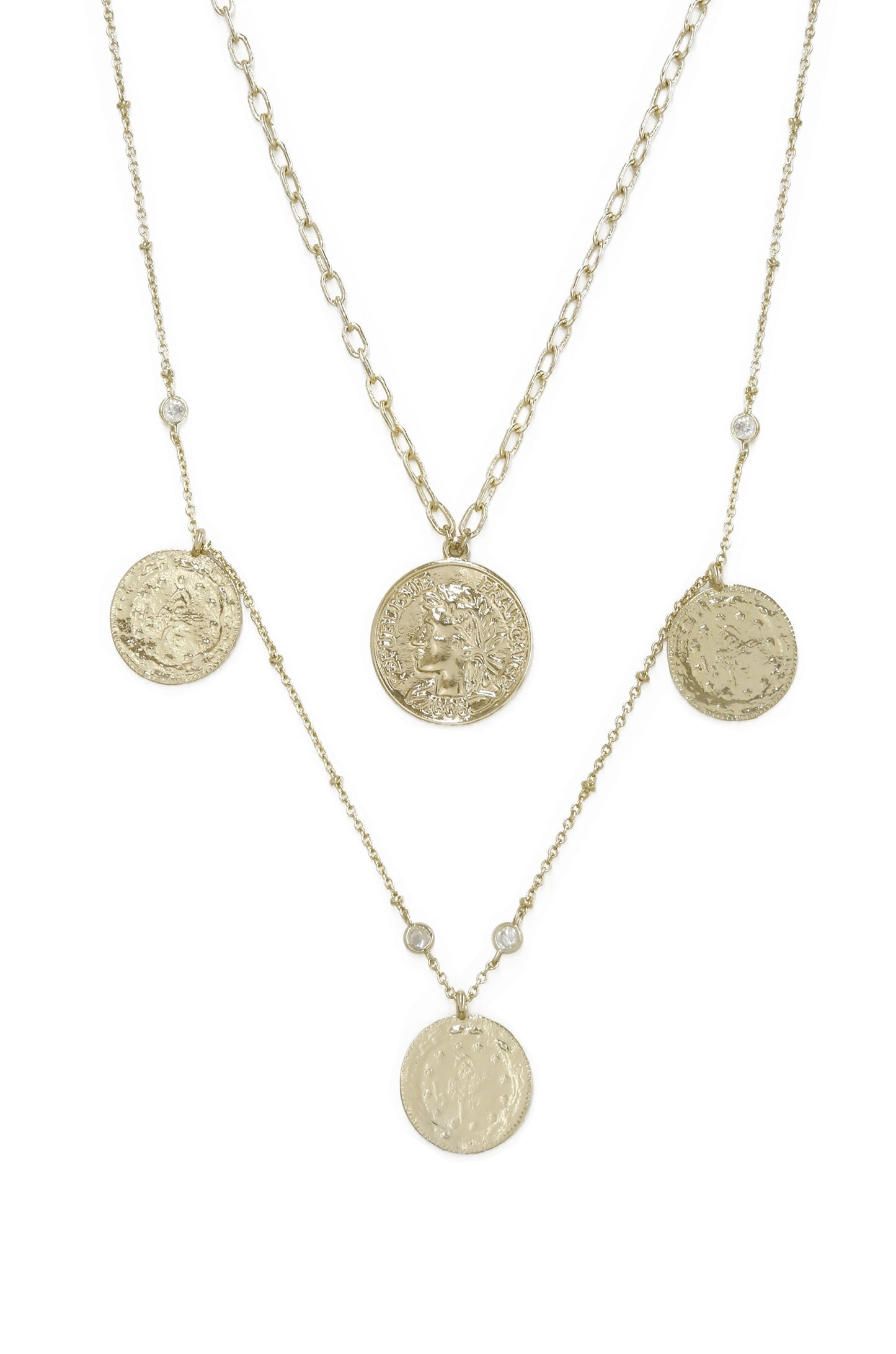 Elite Coin and Crystal Layered Necklace Set on white background  